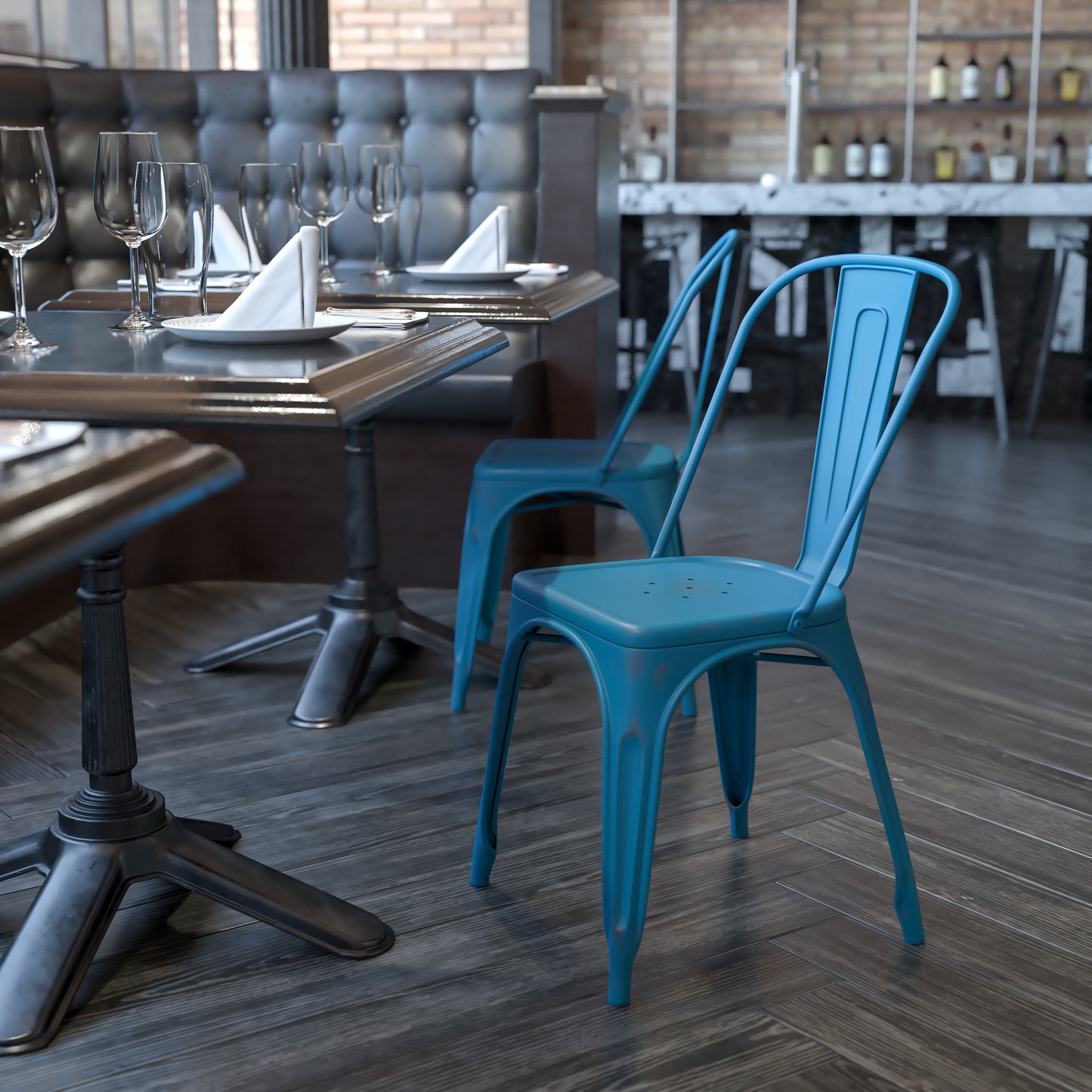 Tenley Commercial Grade Distressed Antique Blue Metal Indoor-Outdoor Stackable Chair Antique Blue