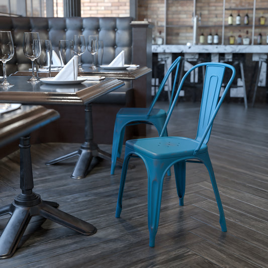 Tenley Commercial Grade Distressed Antique Blue Metal Indoor-Outdoor Stackable Chair Antique Blue