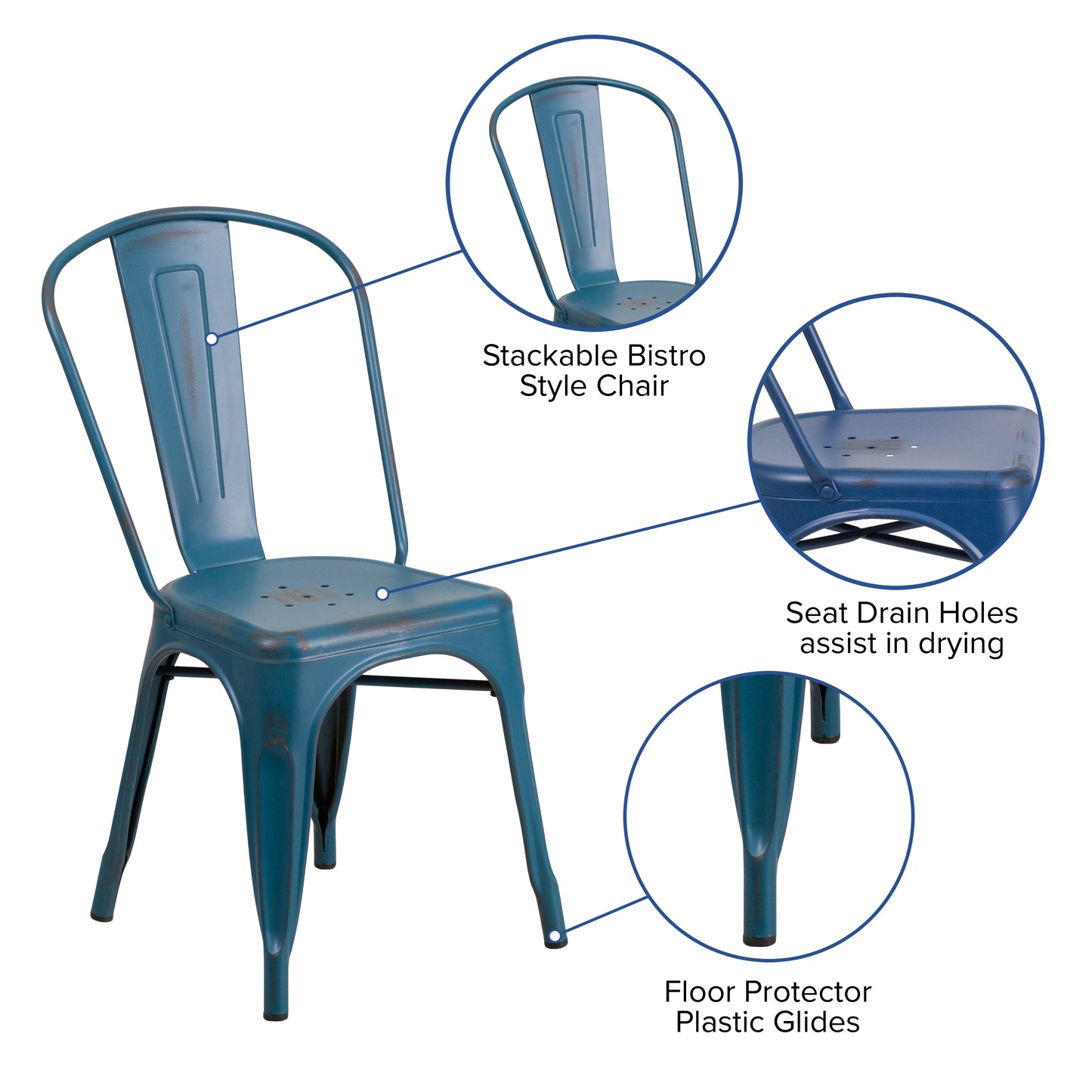 Tenley Commercial Grade Distressed Antique Blue Metal Indoor-Outdoor Stackable Chair Antique Blue