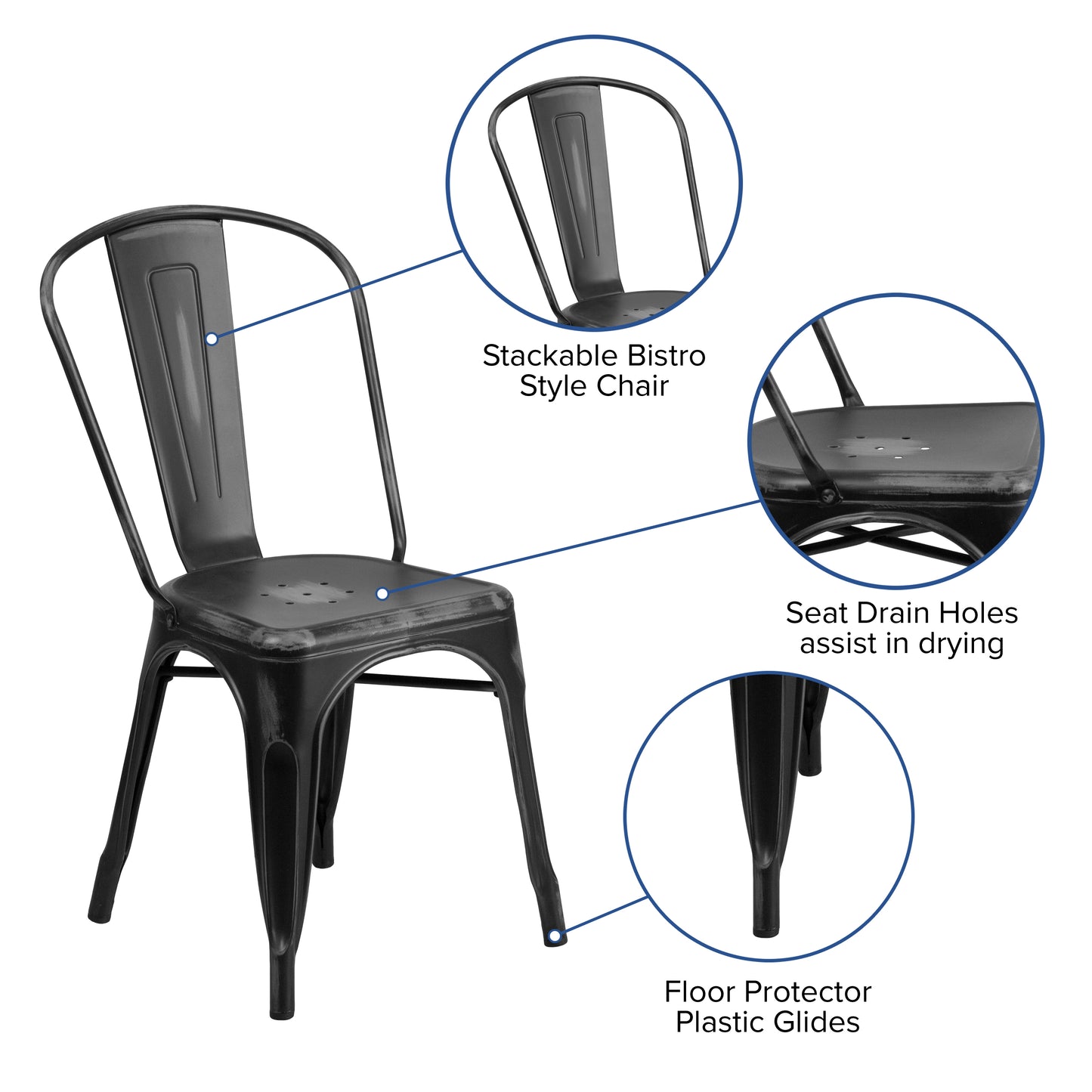Tenley Commercial Grade Distressed Black Metal Indoor-Outdoor Stackable Chair Black
