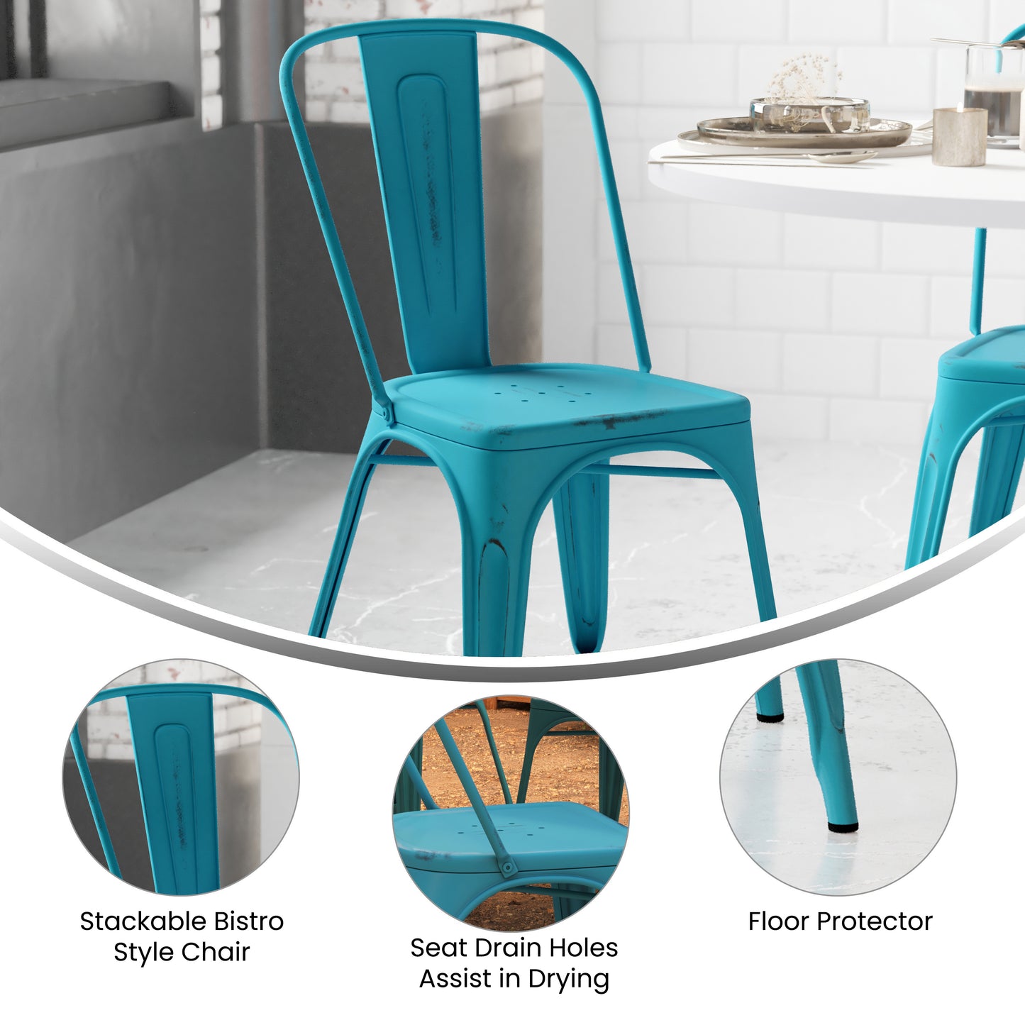Tenley Commercial Grade Distressed Blue Metal Indoor-Outdoor Stackable Chair Blue