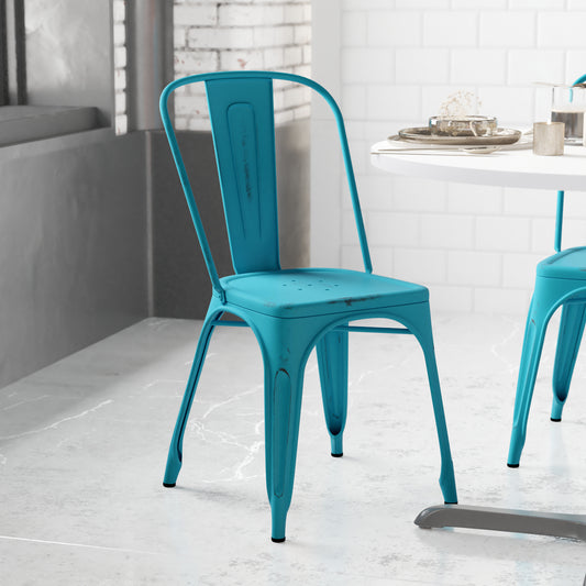 Tenley Commercial Grade Distressed Blue Metal Indoor-Outdoor Stackable Chair Blue