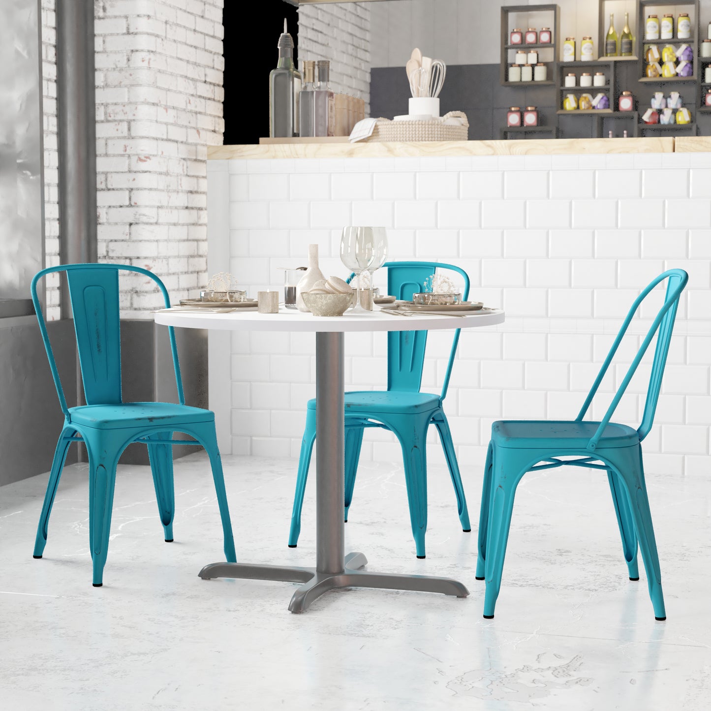 Tenley Commercial Grade Distressed Blue Metal Indoor-Outdoor Stackable Chair Blue