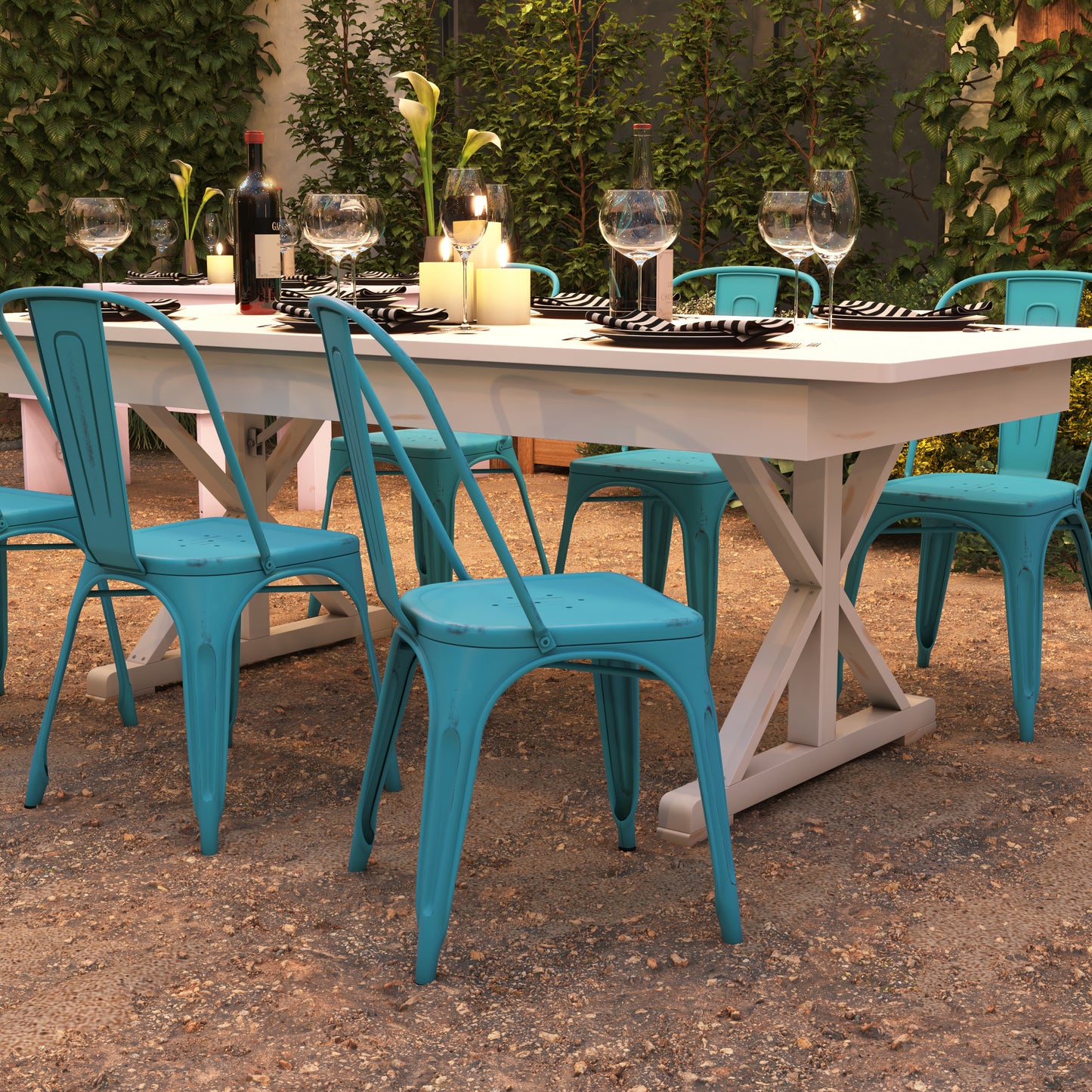 Tenley Commercial Grade Distressed Blue Metal Indoor-Outdoor Stackable Chair Blue