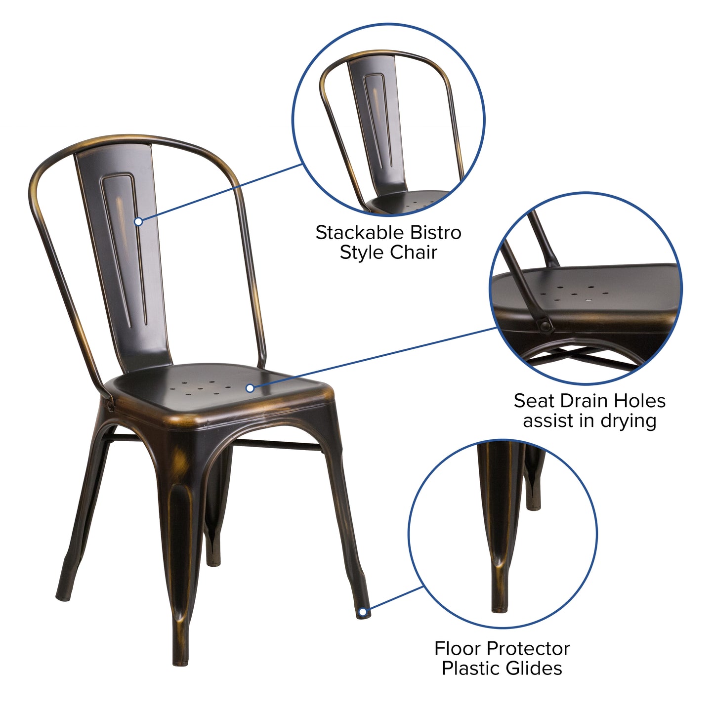 Tenley Commercial Grade Distressed Copper Metal Indoor-Outdoor Stackable Chair Copper