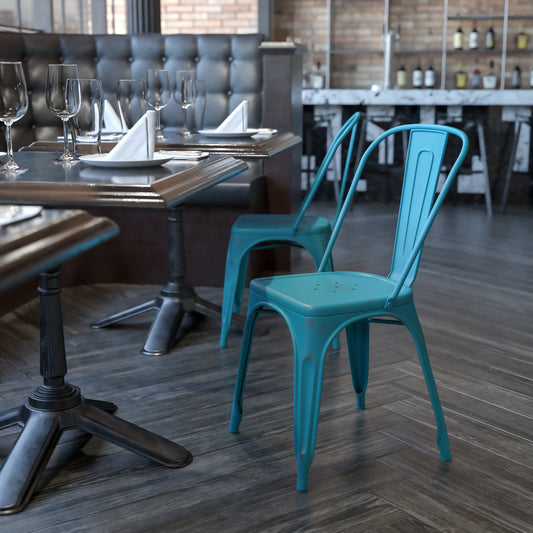 Tenley Commercial Grade Distressed Kelly Blue-Teal Metal Indoor-Outdoor Stackable Chair Kelly Blue-Teal