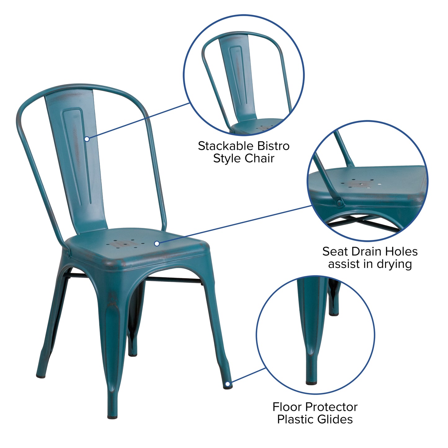 Tenley Commercial Grade Distressed Kelly Blue-Teal Metal Indoor-Outdoor Stackable Chair Kelly Blue-Teal