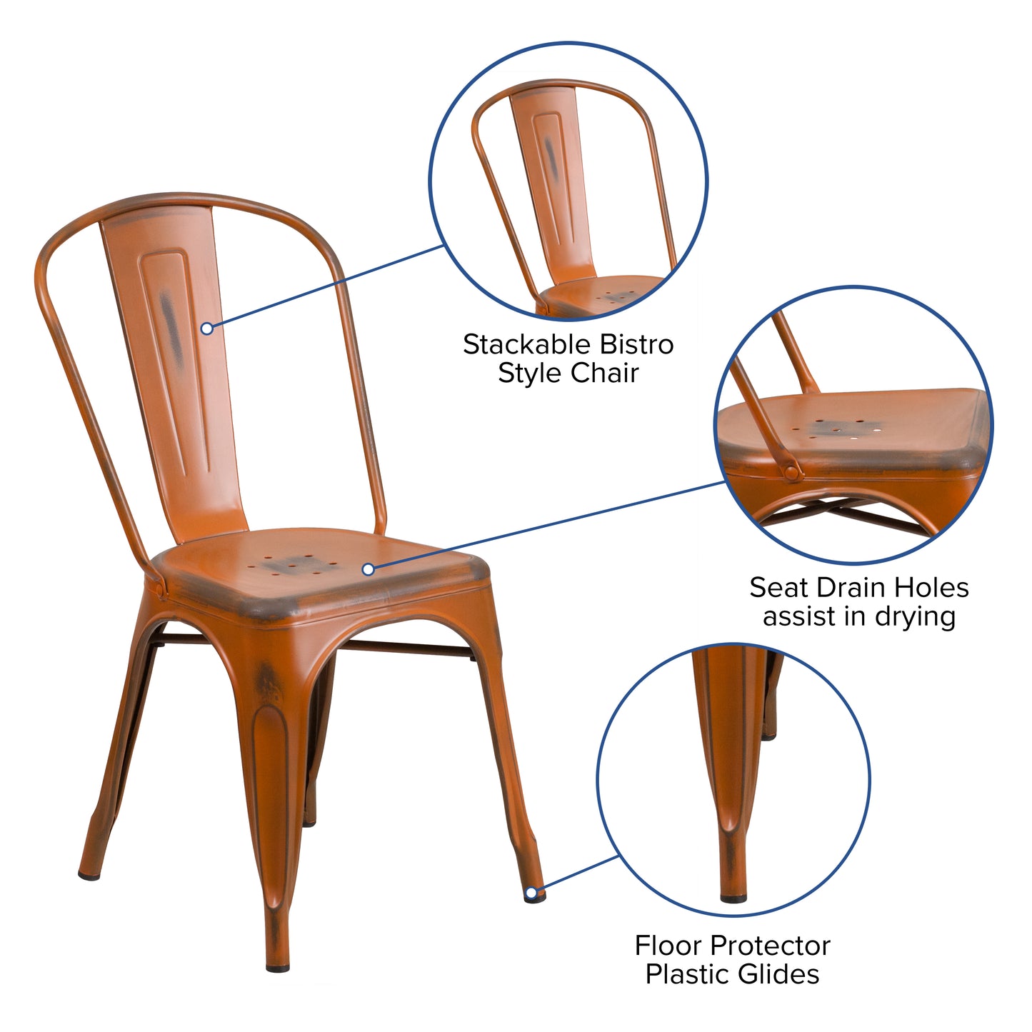 Tenley Commercial Grade Distressed Orange Metal Indoor-Outdoor Stackable Chair Orange