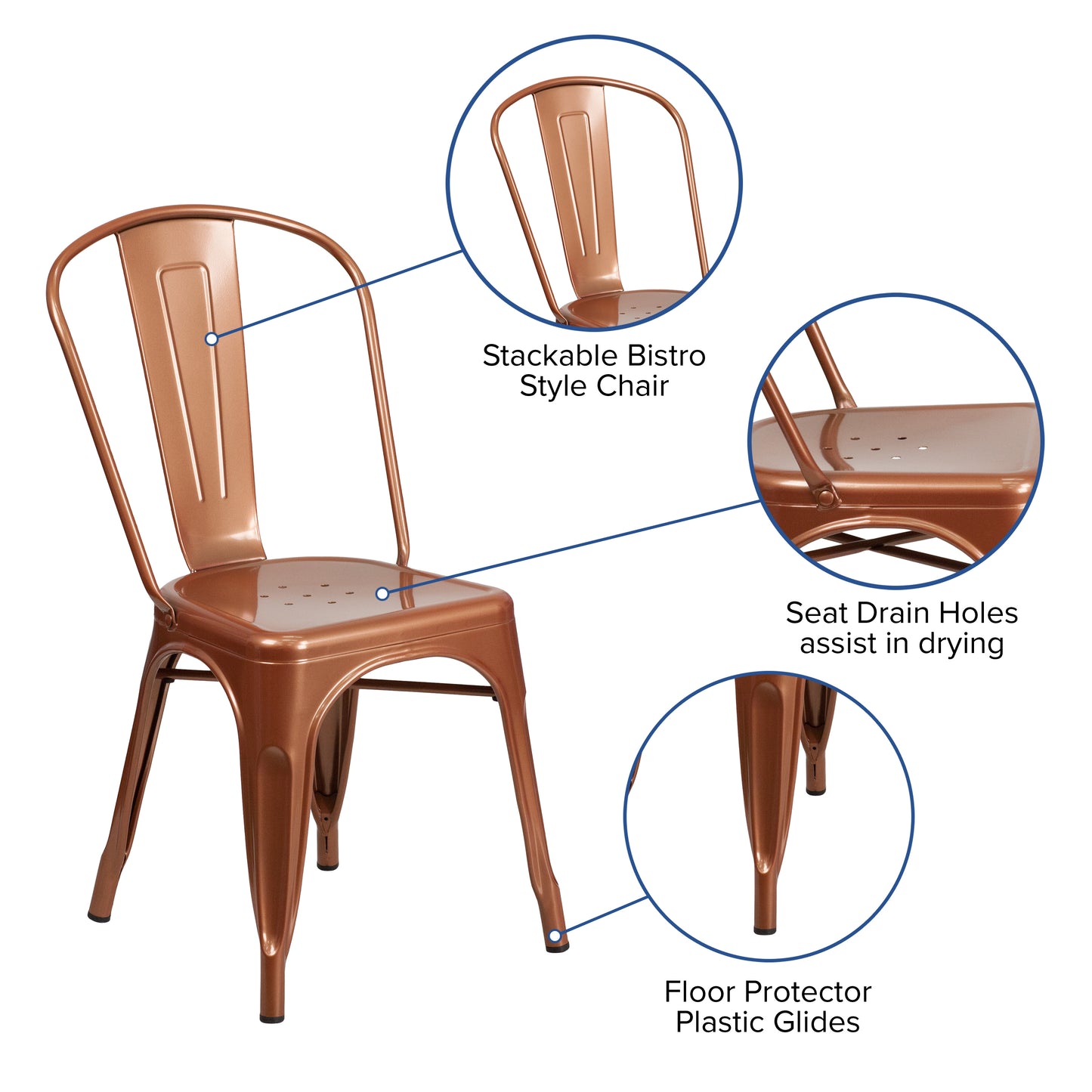 Tenley Commercial Grade Copper Metal Indoor-Outdoor Stackable Chair Copper