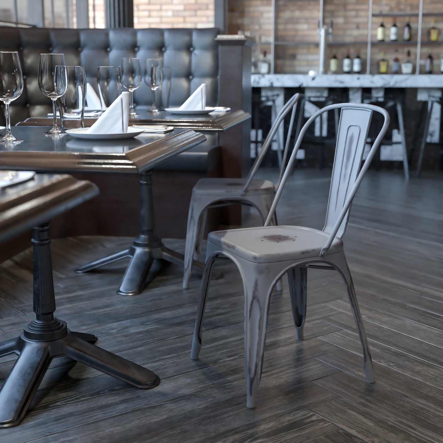Tenley Commercial Grade Distressed Silver Gray Metal Indoor-Outdoor Stackable Chair Silver Gray