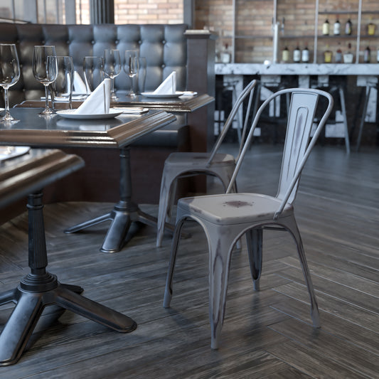 Tenley Commercial Grade Distressed Silver Gray Metal Indoor-Outdoor Stackable Chair Silver Gray