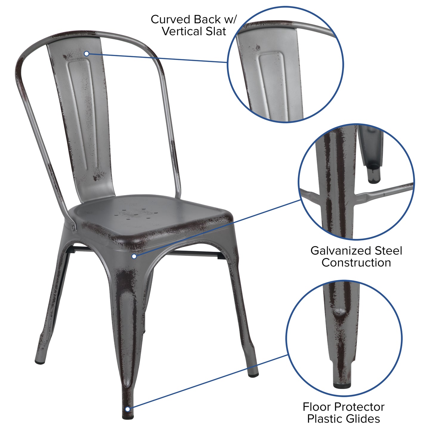 Tenley Commercial Grade Distressed Silver Gray Metal Indoor-Outdoor Stackable Chair Silver Gray