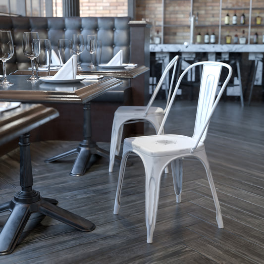 Tenley Commercial Grade Distressed White Metal Indoor-Outdoor Stackable Chair White