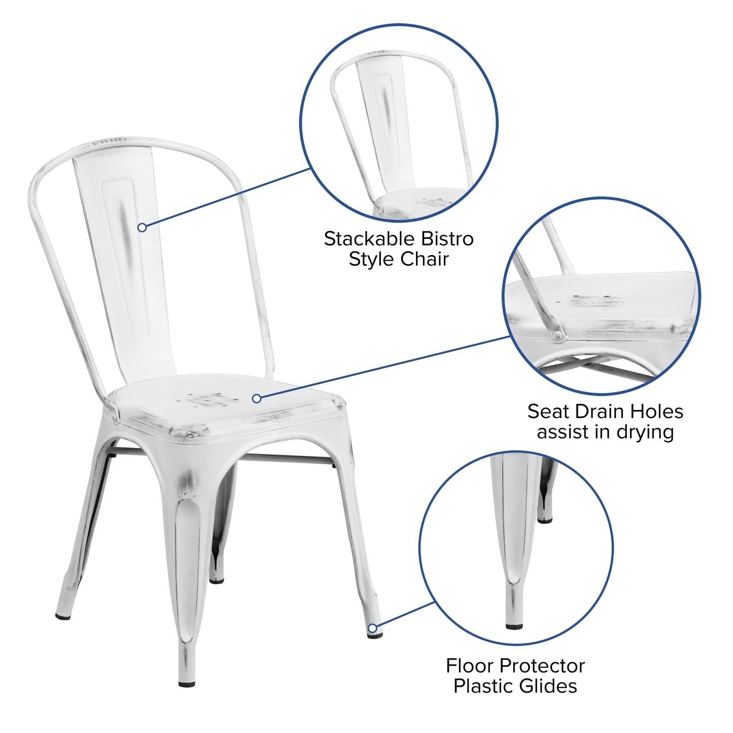 Tenley Commercial Grade Distressed White Metal Indoor-Outdoor Stackable Chair White