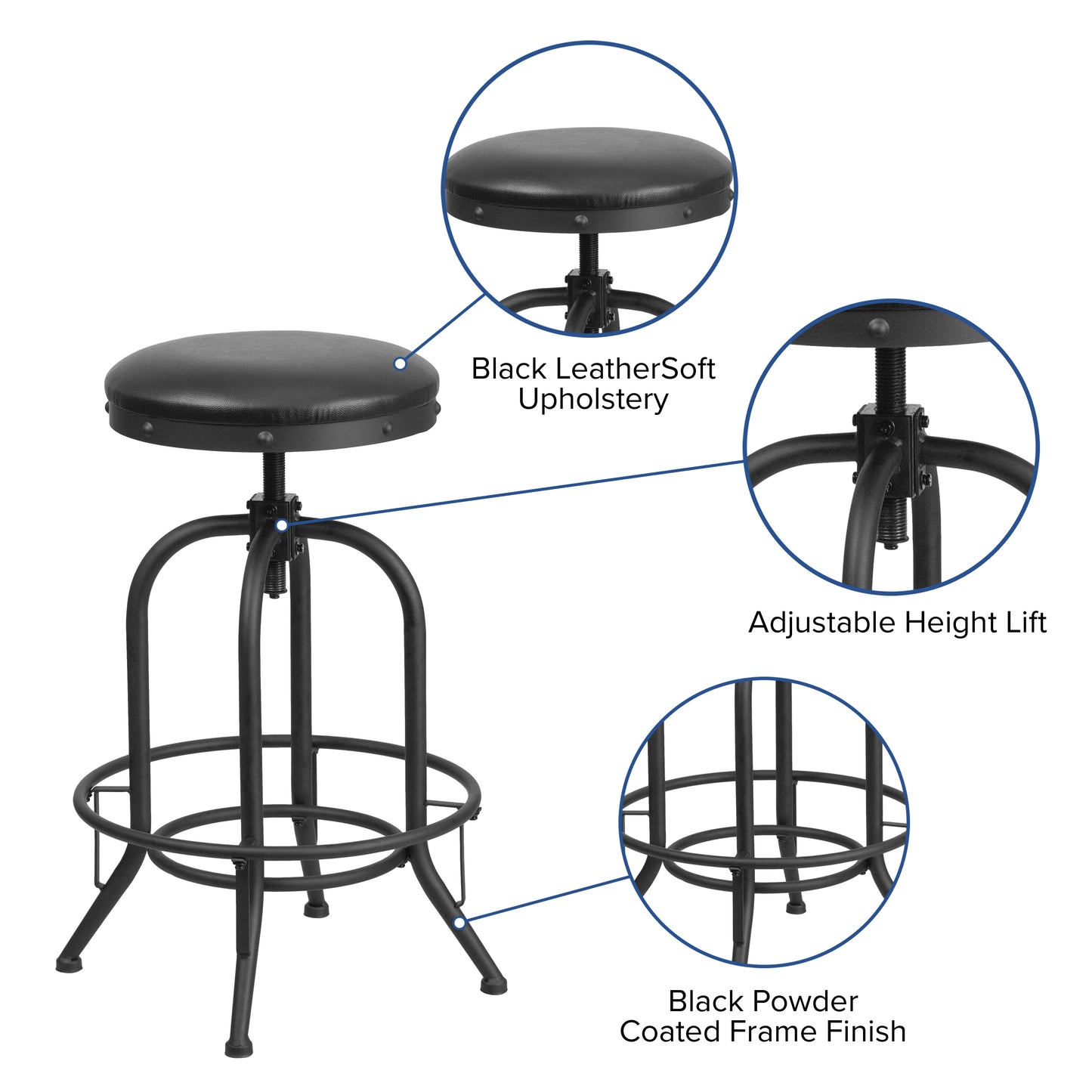 Carrington 30'' Barstool with Swivel Lift Black LeatherSoft Seat Black