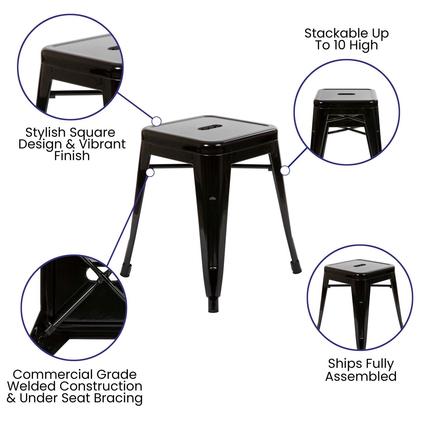 Kai 18" Table Height Stool, Stackable Backless Metal Indoor Dining Stool, Commercial Grade Restaurant Stool in Black - Set of 4 Black