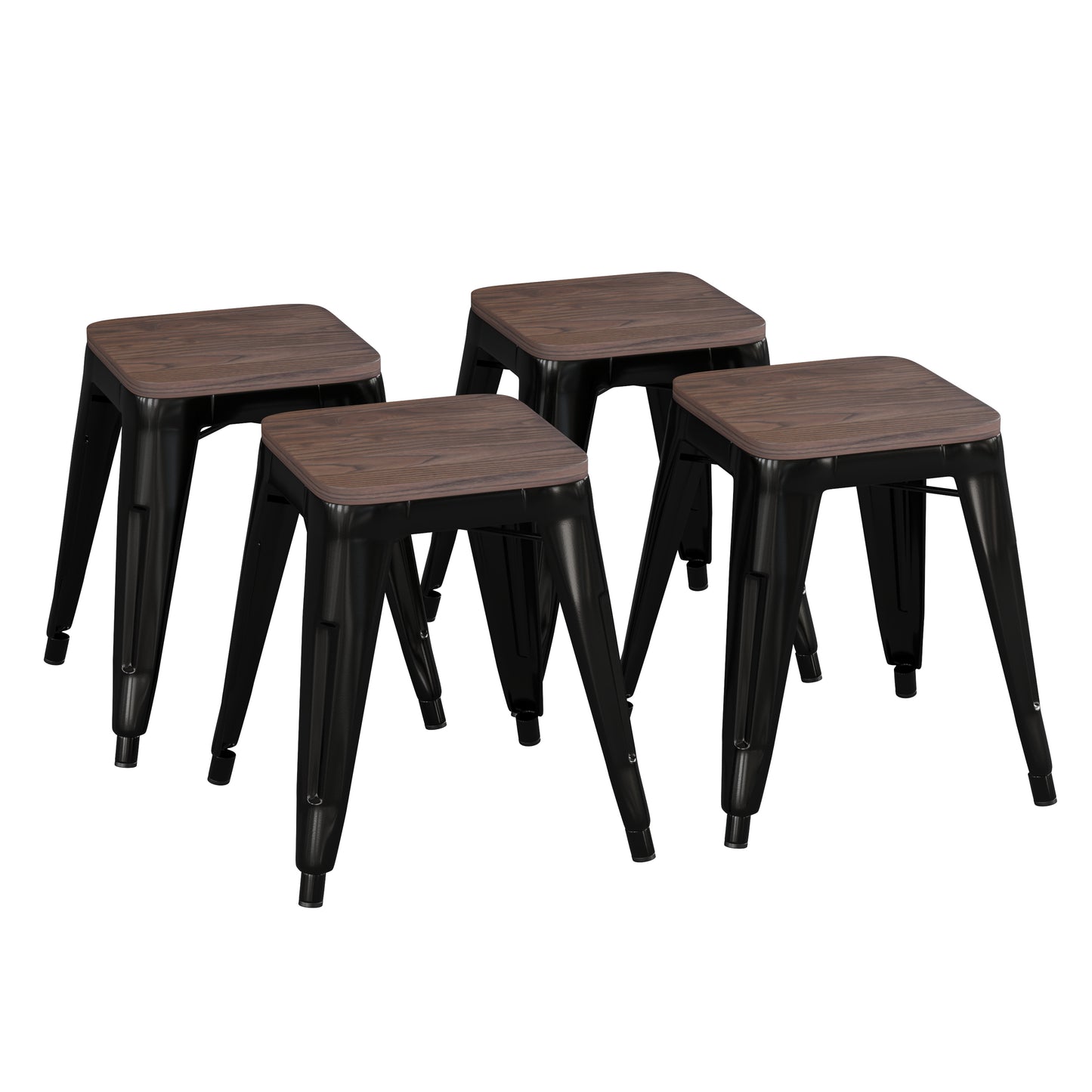Kai 18" Backless Table Height Stool with Wooden Seat, Stackable Black Metal Indoor Dining Stool, Commercial Grade - Set of 4 Black