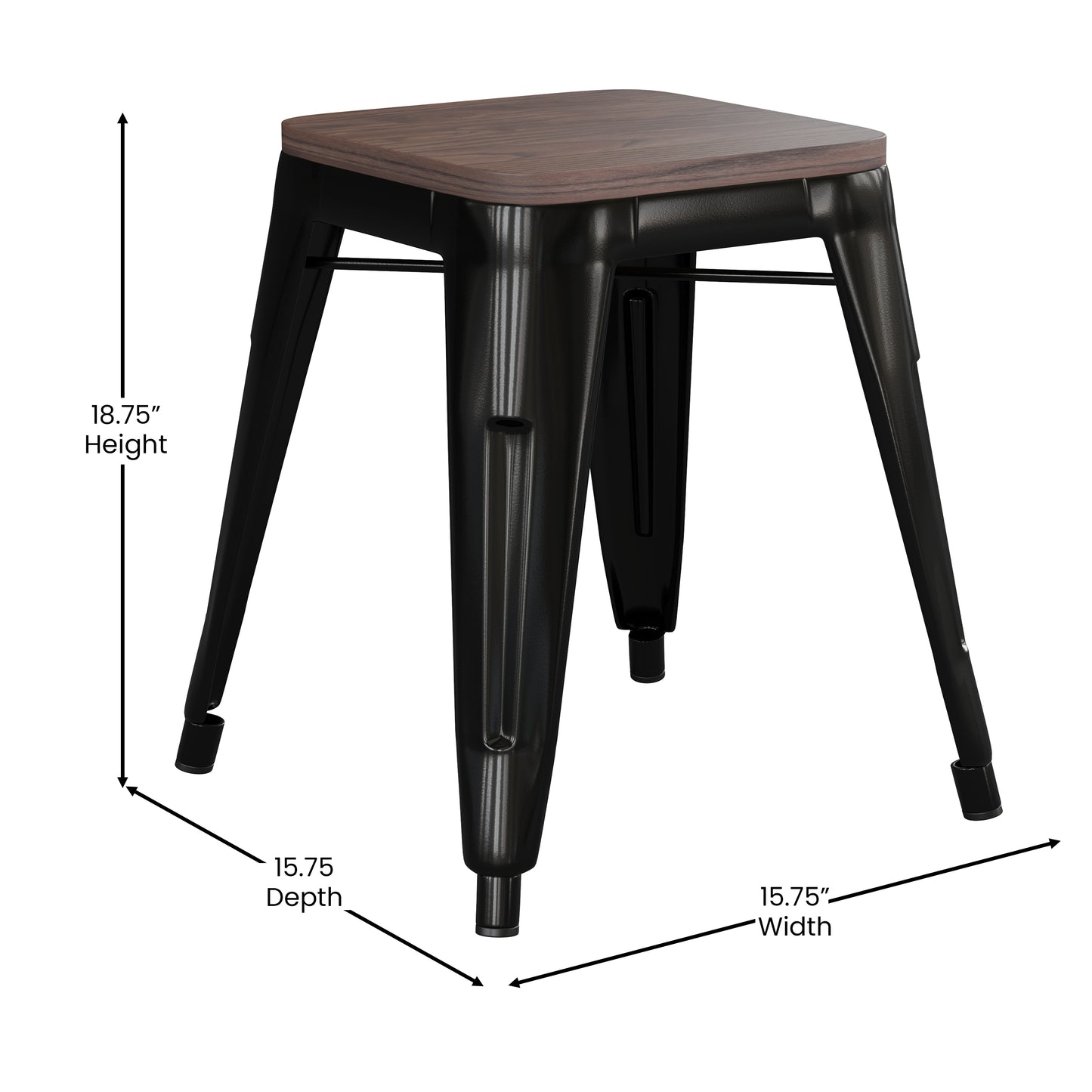 Kai 18" Backless Table Height Stool with Wooden Seat, Stackable Black Metal Indoor Dining Stool, Commercial Grade - Set of 4 Black