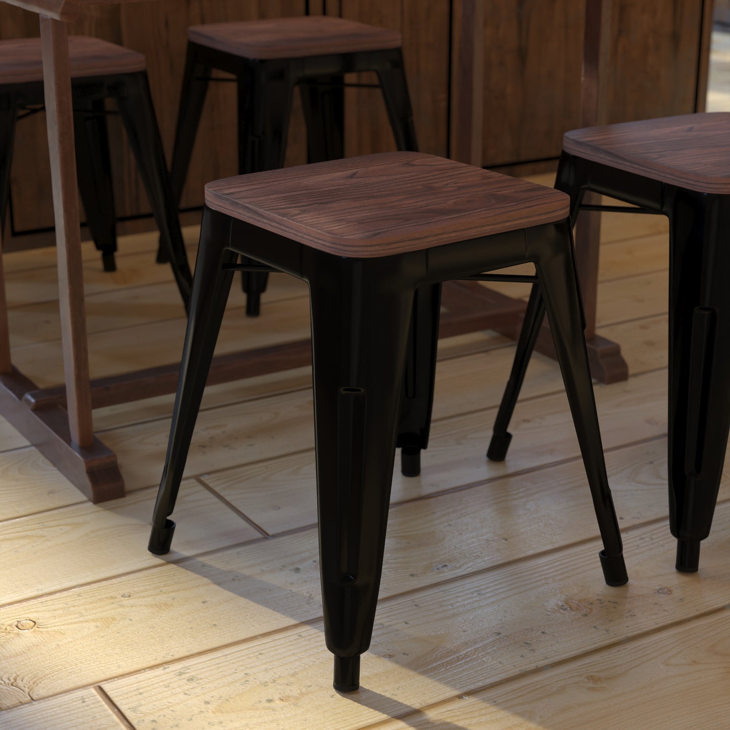 Kai 18" Backless Table Height Stool with Wooden Seat, Stackable Black Metal Indoor Dining Stool, Commercial Grade - Set of 4 Black