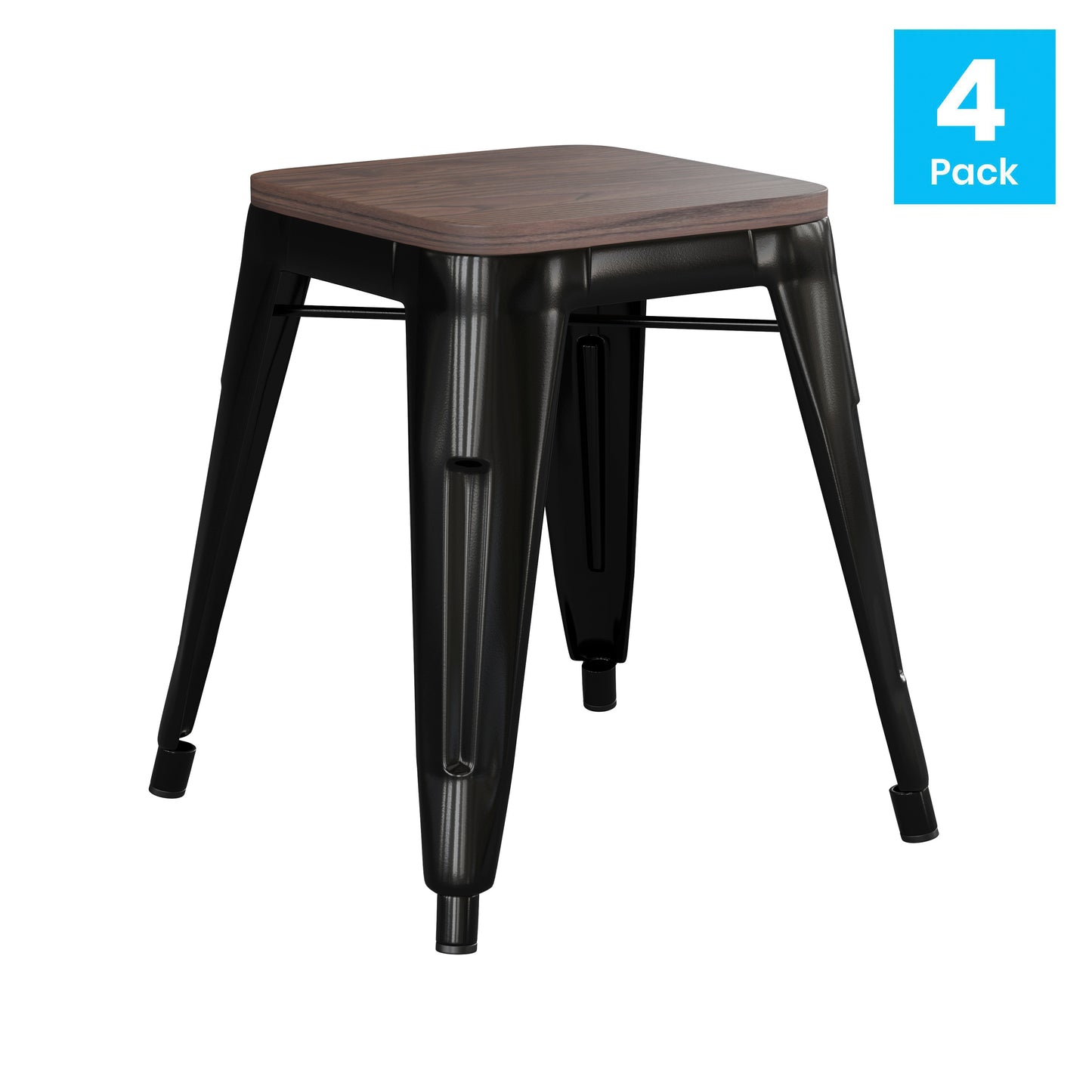 Kai 18" Backless Table Height Stool with Wooden Seat, Stackable Black Metal Indoor Dining Stool, Commercial Grade - Set of 4 Black