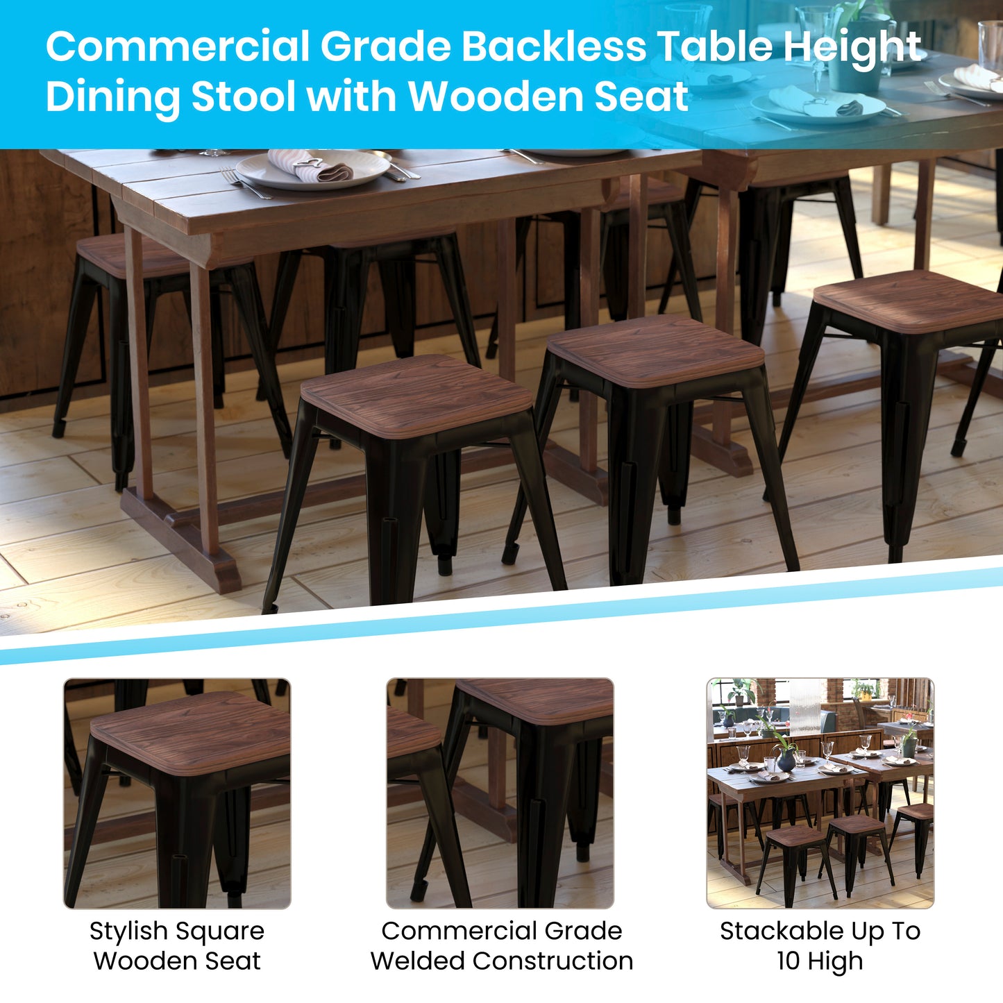 Kai 18" Backless Table Height Stool with Wooden Seat, Stackable Black Metal Indoor Dining Stool, Commercial Grade - Set of 4 Black