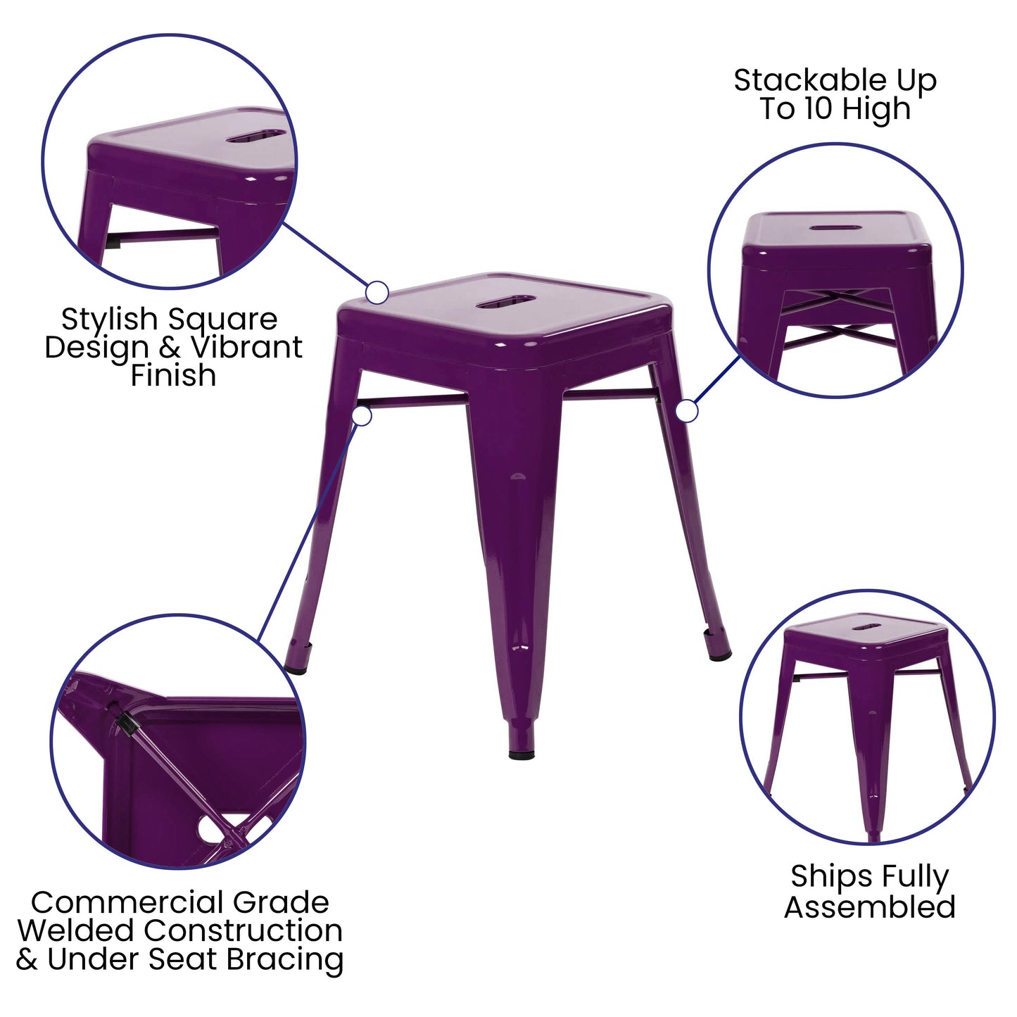 Kai 18" Table Height Stool, Stackable Backless Metal Indoor Dining Stool, Commercial Grade Restaurant Stool in Purple - Set of 4 Purple