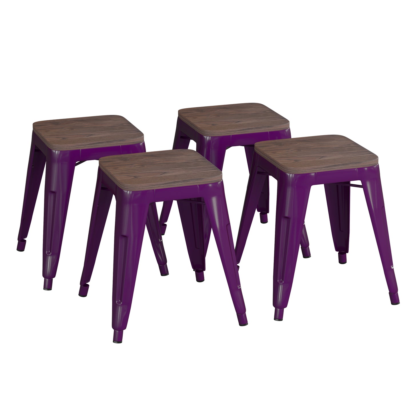 Kai 18" Backless Table Height Stool with Wooden Seat, Stackable Purple Metal Indoor Dining Stool, Commercial Grade - Set of 4 Purple