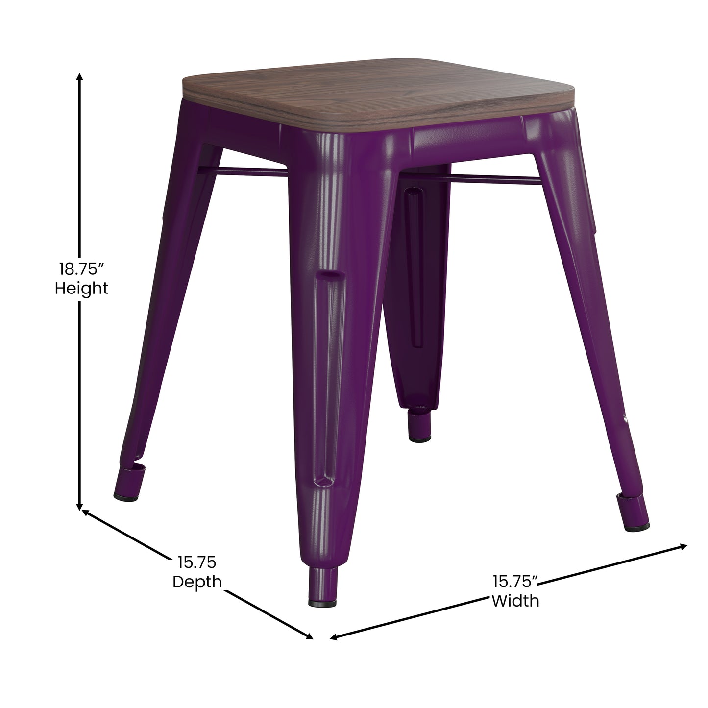 Kai 18" Backless Table Height Stool with Wooden Seat, Stackable Purple Metal Indoor Dining Stool, Commercial Grade - Set of 4 Purple