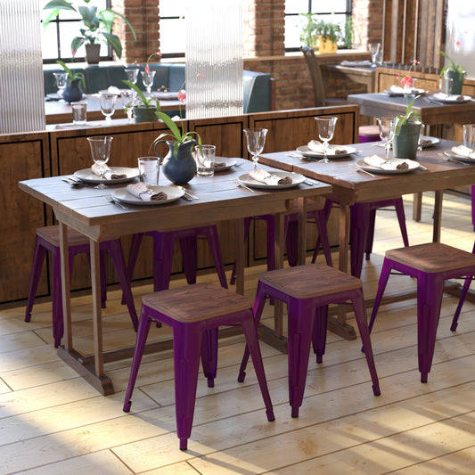 Kai 18" Backless Table Height Stool with Wooden Seat, Stackable Purple Metal Indoor Dining Stool, Commercial Grade - Set of 4 Purple