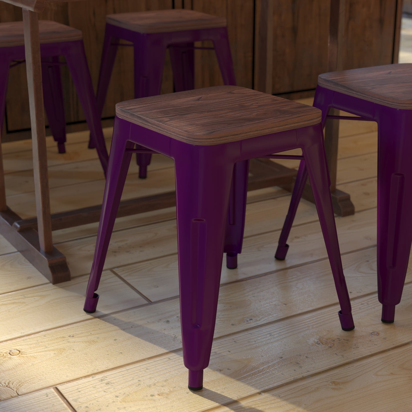 Kai 18" Backless Table Height Stool with Wooden Seat, Stackable Purple Metal Indoor Dining Stool, Commercial Grade - Set of 4 Purple