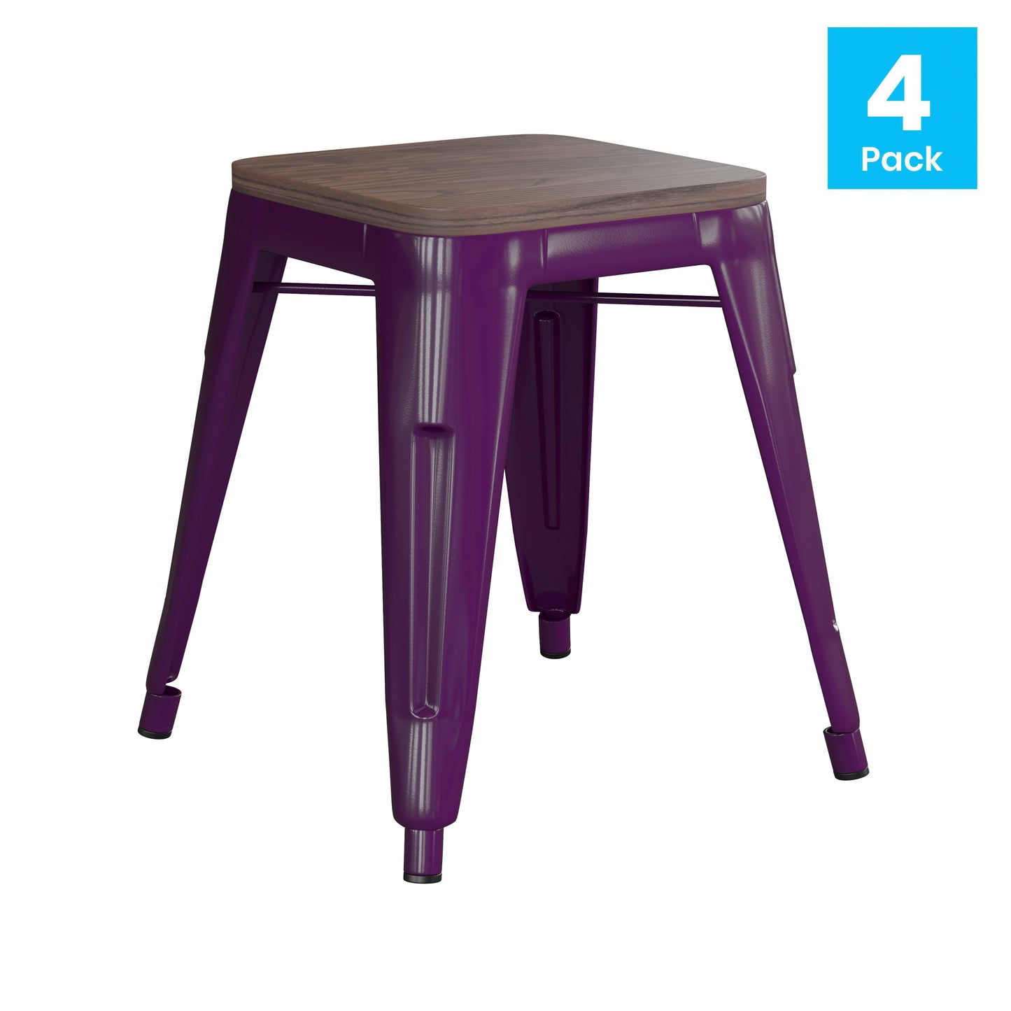 Kai 18" Backless Table Height Stool with Wooden Seat, Stackable Purple Metal Indoor Dining Stool, Commercial Grade - Set of 4 Purple