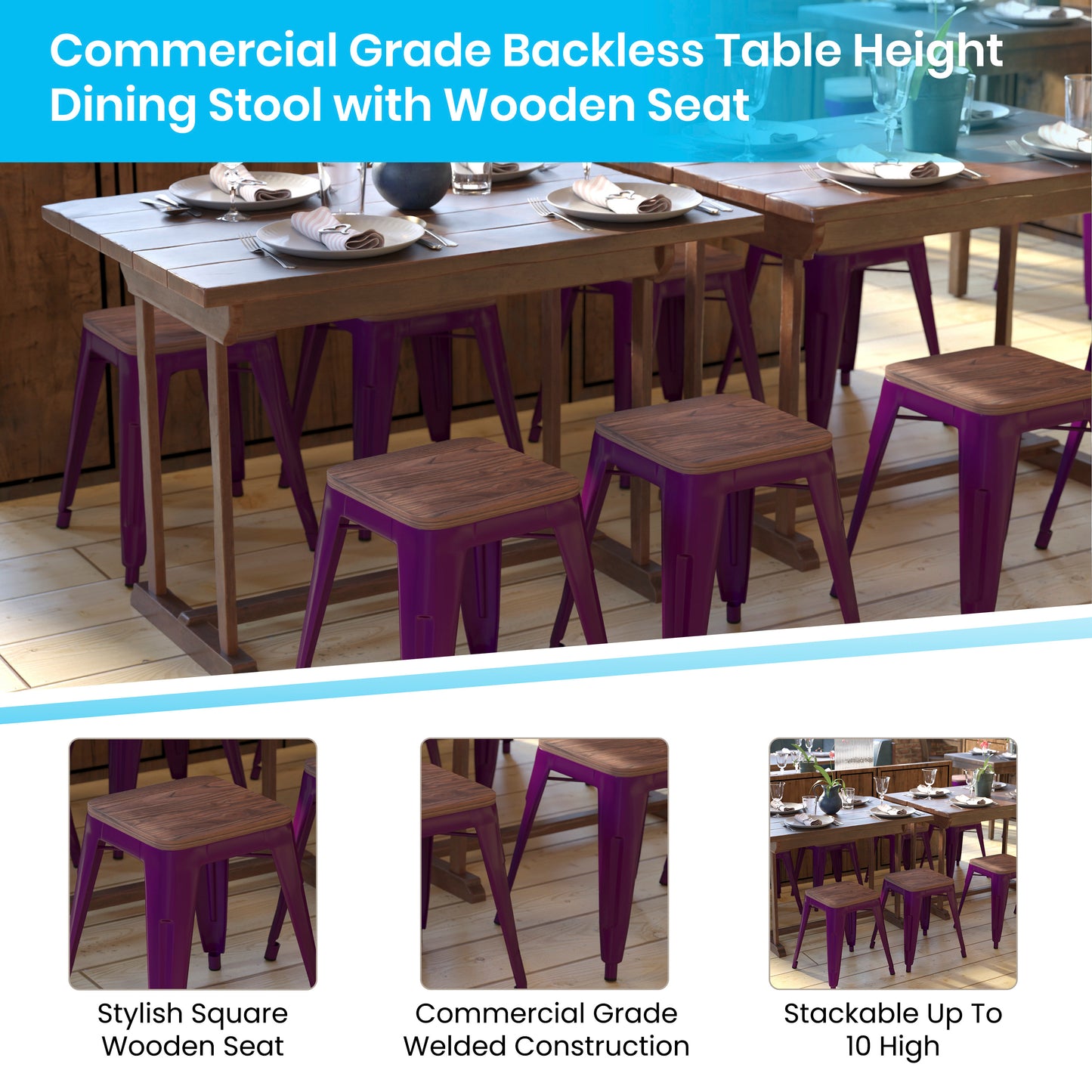 Kai 18" Backless Table Height Stool with Wooden Seat, Stackable Purple Metal Indoor Dining Stool, Commercial Grade - Set of 4 Purple