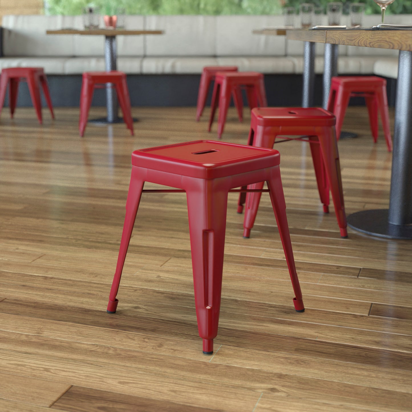 Kai 18" Table Height Stool, Stackable Backless Metal Indoor Dining Stool, Commercial Grade Restaurant Stool in Red - Set of 4 Red