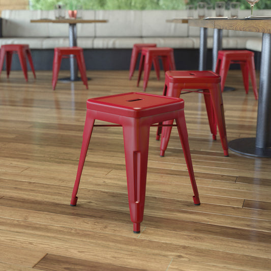Kai 18" Table Height Stool, Stackable Backless Metal Indoor Dining Stool, Commercial Grade Restaurant Stool in Red - Set of 4 Red