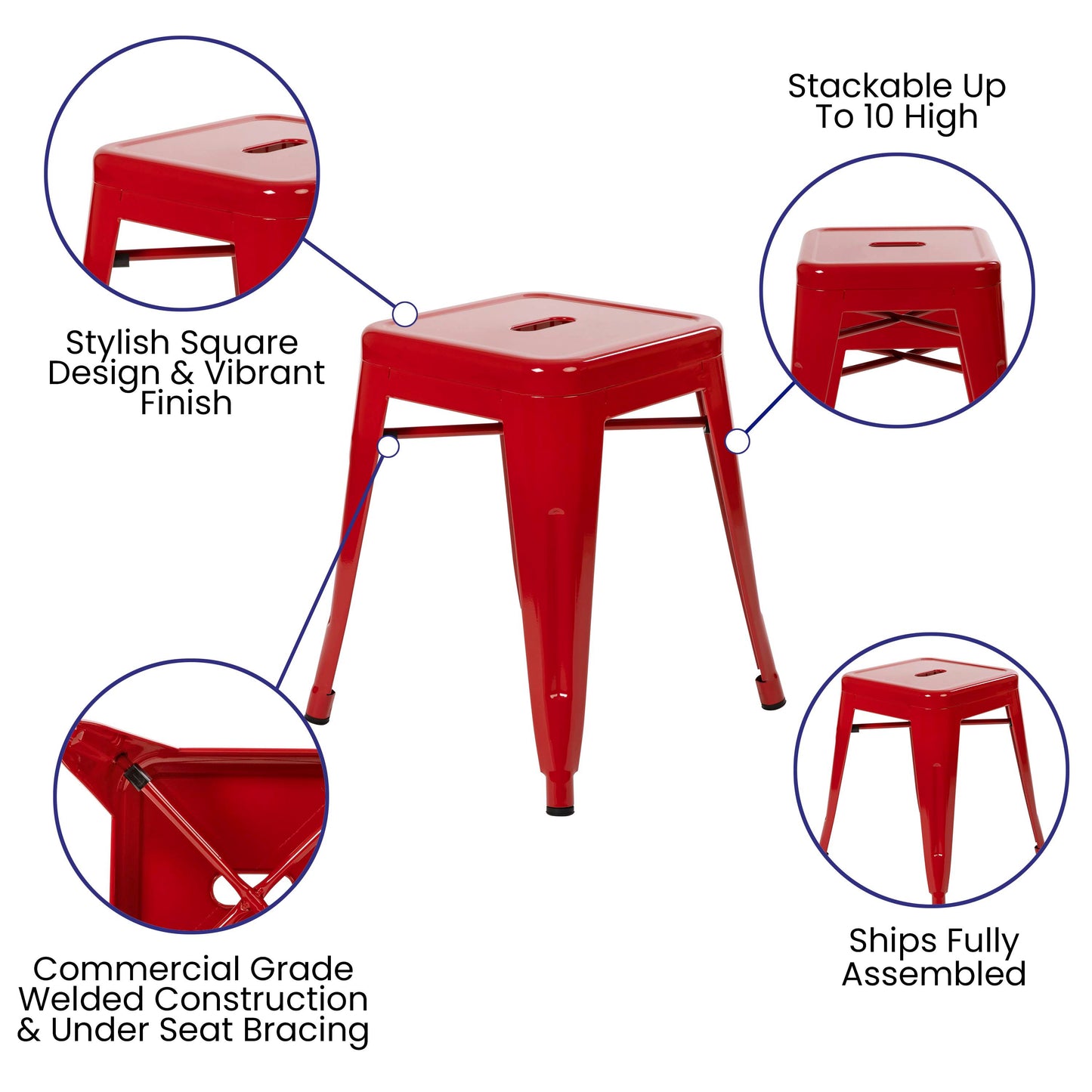 Kai 18" Table Height Stool, Stackable Backless Metal Indoor Dining Stool, Commercial Grade Restaurant Stool in Red - Set of 4 Red