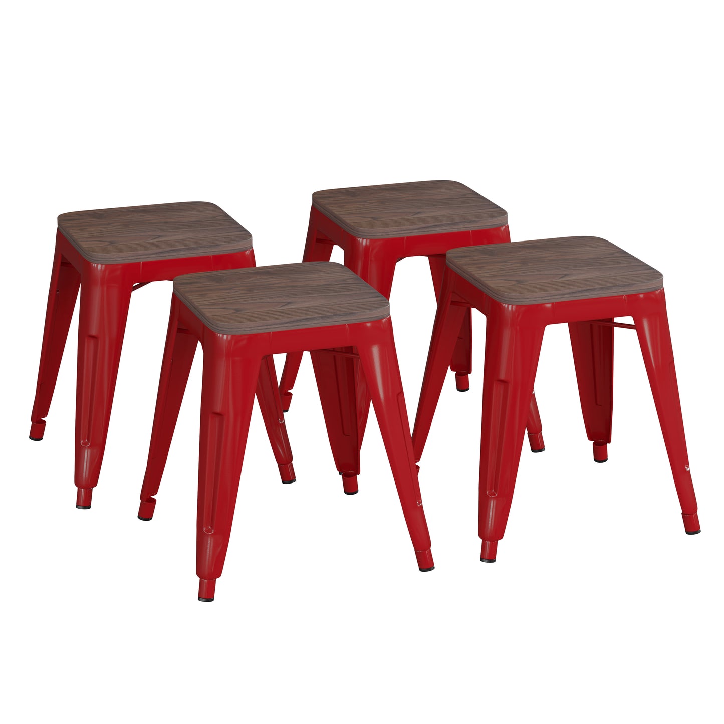 Kai 18" Backless Table Height Stool with Wooden Seat, Stackable Red Metal Indoor Dining Stool, Commercial Grade - Set of 4 Red