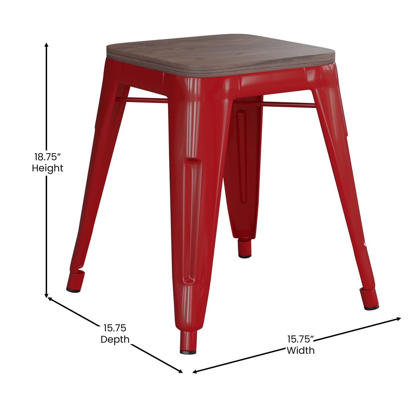 Kai 18" Backless Table Height Stool with Wooden Seat, Stackable Red Metal Indoor Dining Stool, Commercial Grade - Set of 4 Red