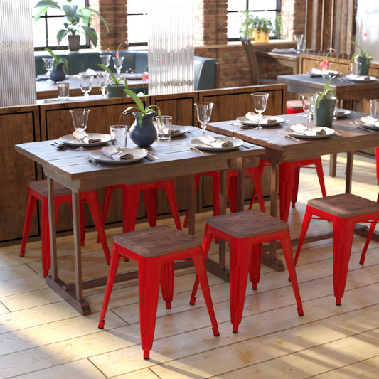 Kai 18" Backless Table Height Stool with Wooden Seat, Stackable Red Metal Indoor Dining Stool, Commercial Grade - Set of 4 Red
