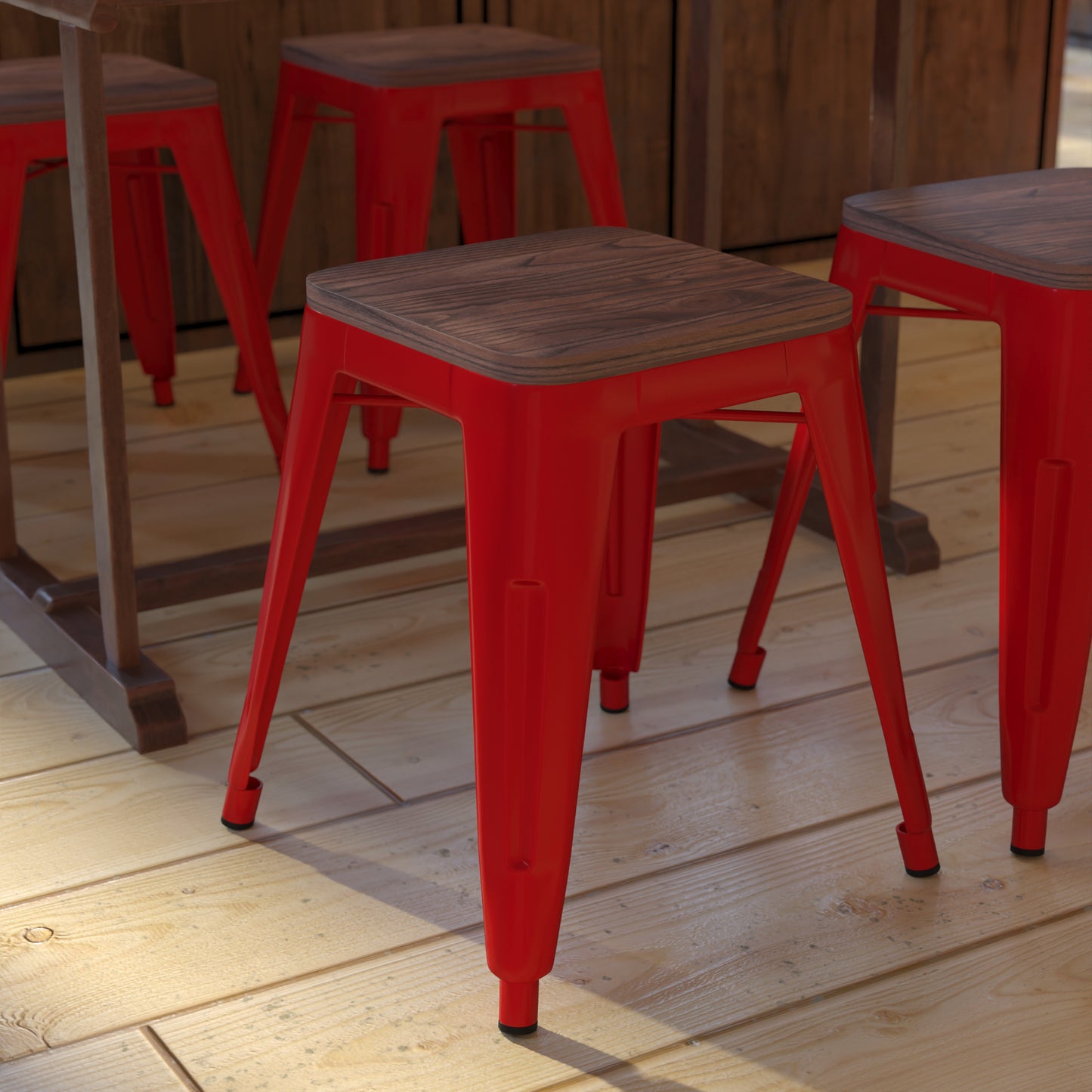 Kai 18" Backless Table Height Stool with Wooden Seat, Stackable Red Metal Indoor Dining Stool, Commercial Grade - Set of 4 Red