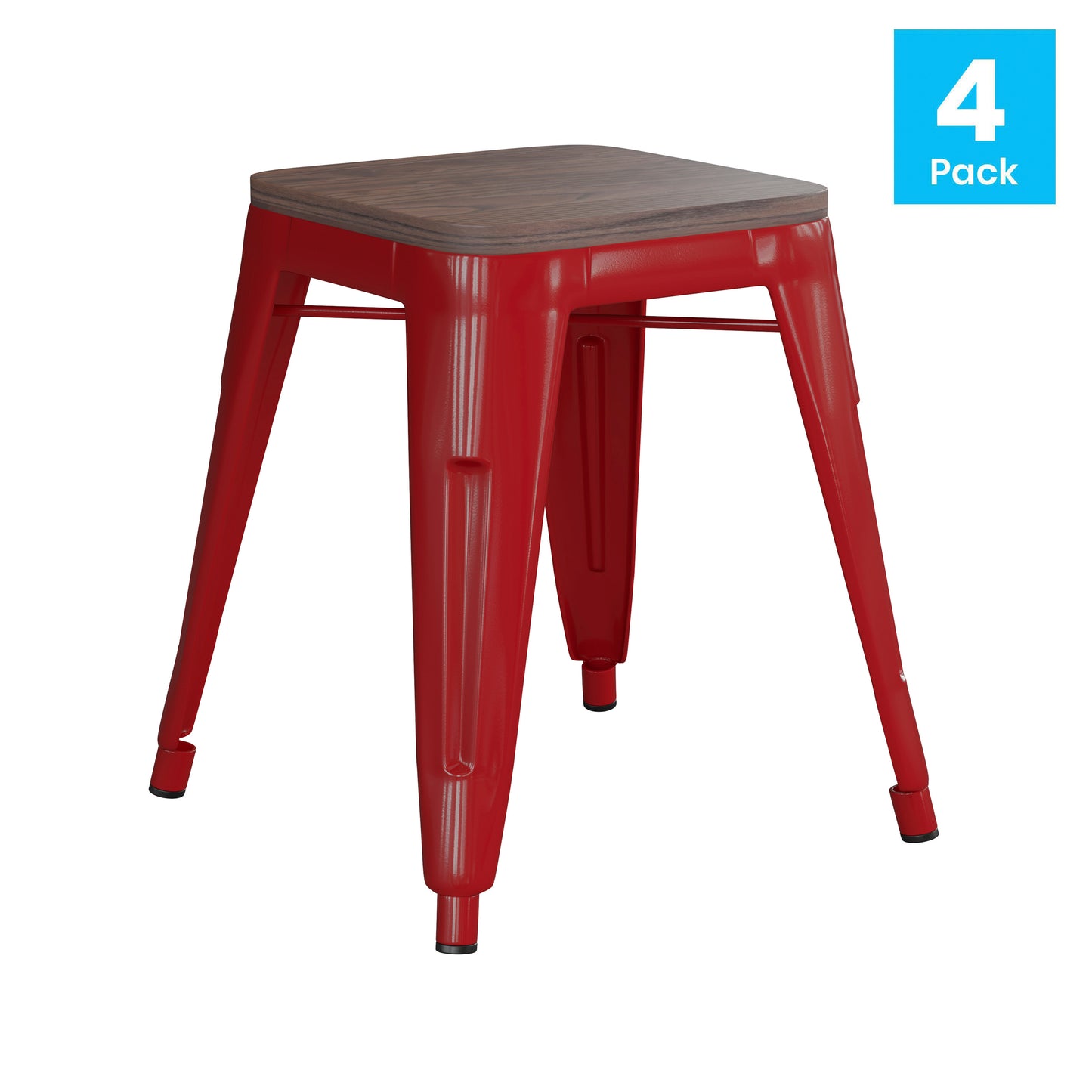 Kai 18" Backless Table Height Stool with Wooden Seat, Stackable Red Metal Indoor Dining Stool, Commercial Grade - Set of 4 Red