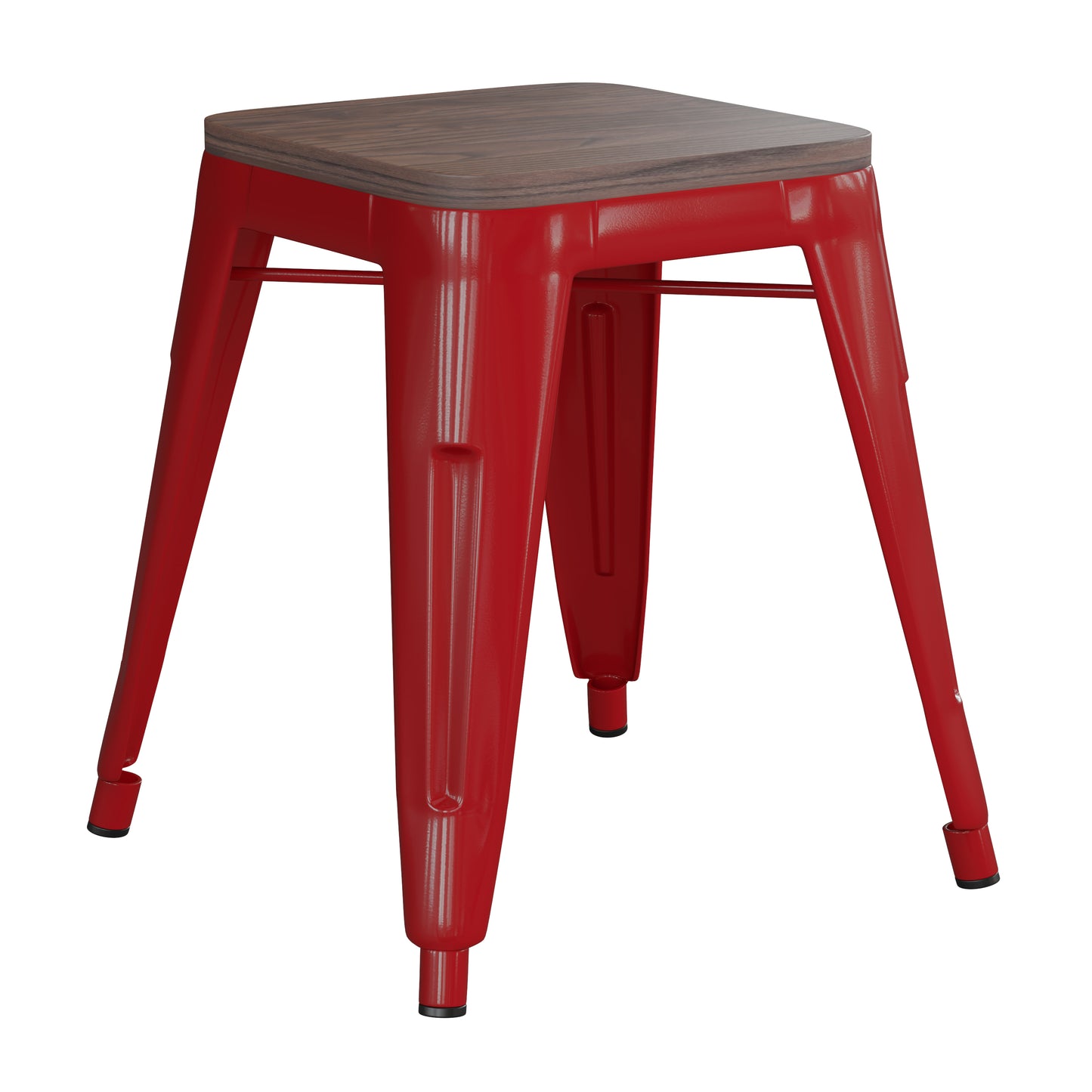 Kai 18" Backless Table Height Stool with Wooden Seat, Stackable Red Metal Indoor Dining Stool, Commercial Grade - Set of 4 Red