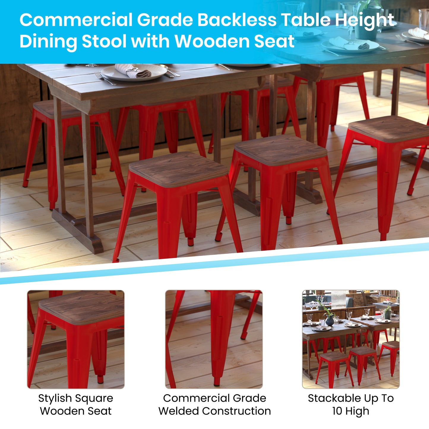 Kai 18" Backless Table Height Stool with Wooden Seat, Stackable Red Metal Indoor Dining Stool, Commercial Grade - Set of 4 Red