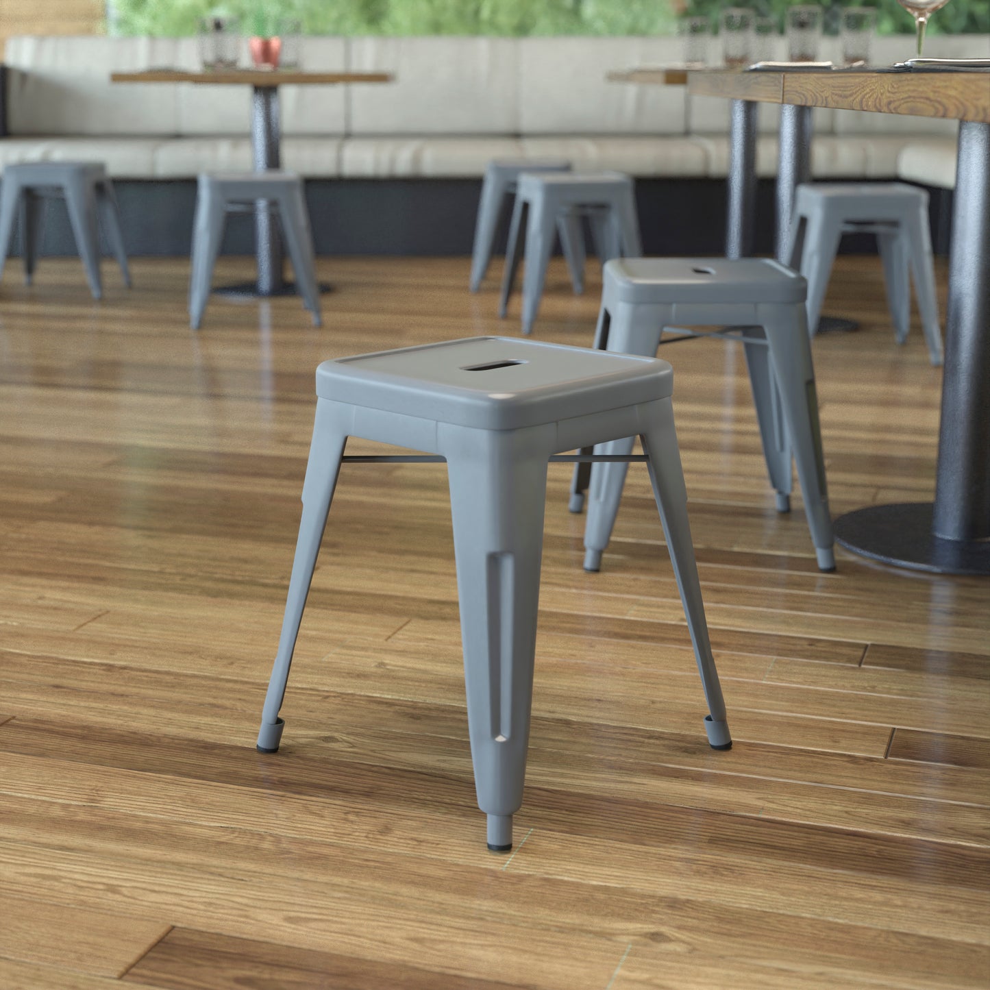 Kai 18" Table Height Stool, Stackable Backless Metal Indoor Dining Stool, Commercial Grade Restaurant Stool in Silver - Set of 4 Silver