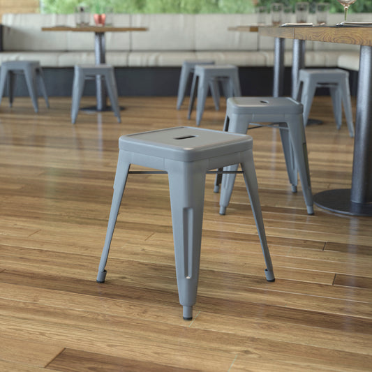 Kai 18" Table Height Stool, Stackable Backless Metal Indoor Dining Stool, Commercial Grade Restaurant Stool in Silver - Set of 4 Silver