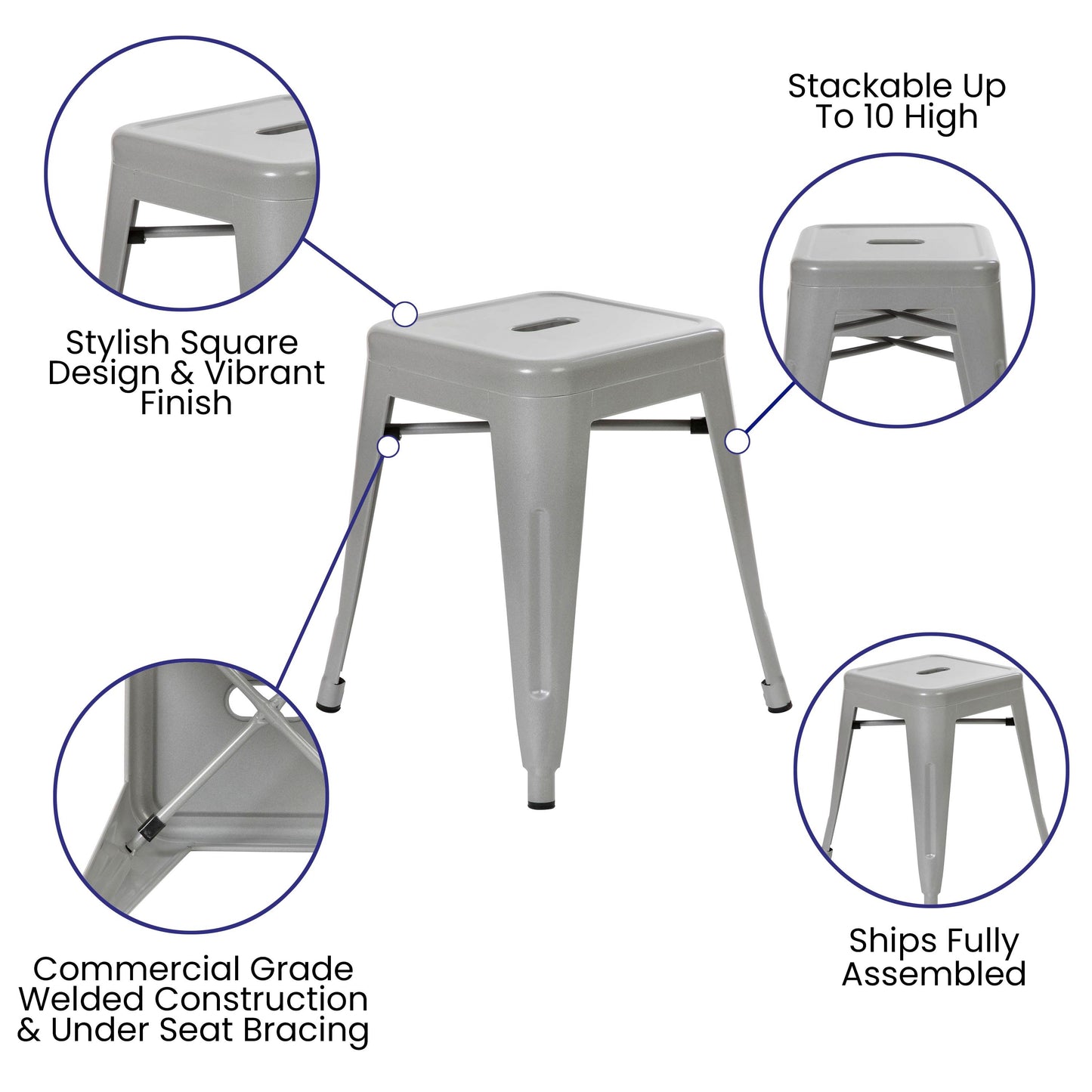 Kai 18" Table Height Stool, Stackable Backless Metal Indoor Dining Stool, Commercial Grade Restaurant Stool in Silver - Set of 4 Silver