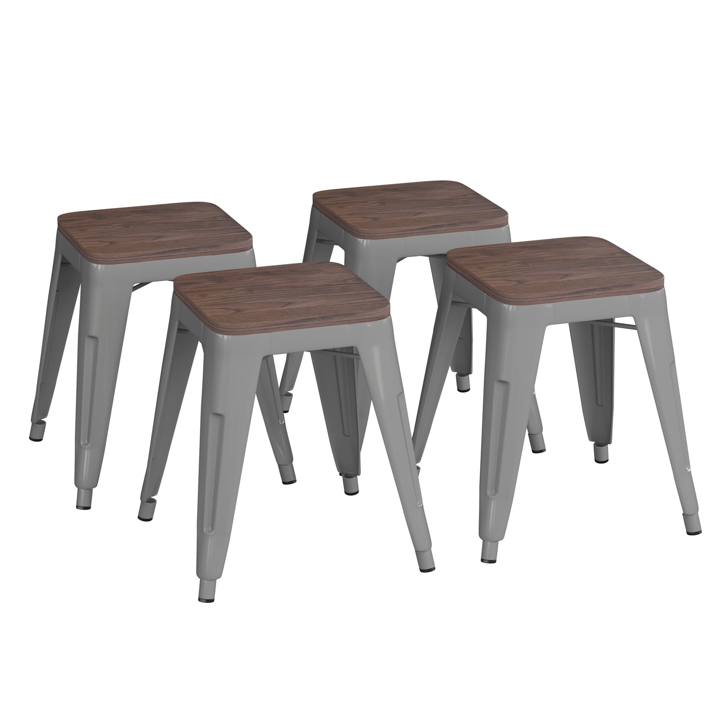 Kai 18" Backless Table Height Stool with Wooden Seat, Stackable Silver Metal Indoor Dining Stool, Commercial Grade - Set of 4 Silver ET-BT3503-18-SIL-WD-GG