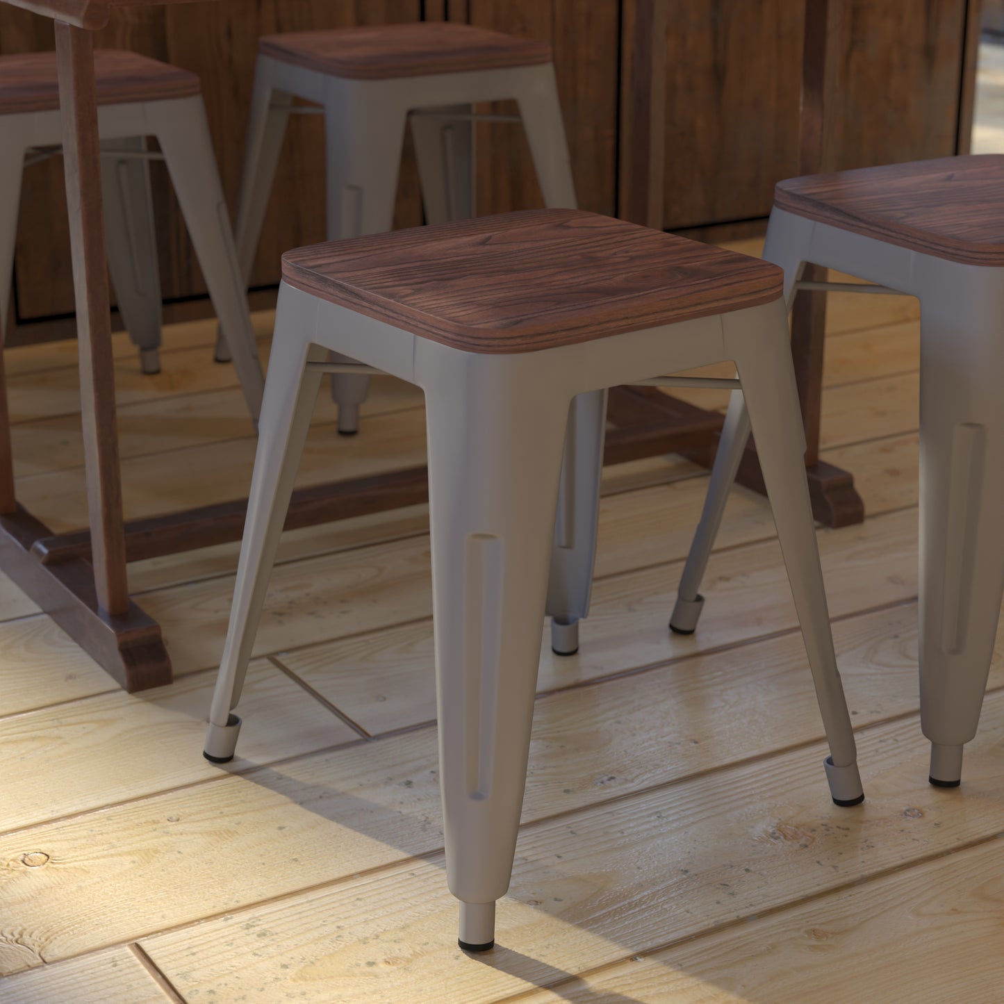 Kai 18" Backless Table Height Stool with Wooden Seat, Stackable Silver Metal Indoor Dining Stool, Commercial Grade - Set of 4 Silver ET-BT3503-18-SIL-WD-GG