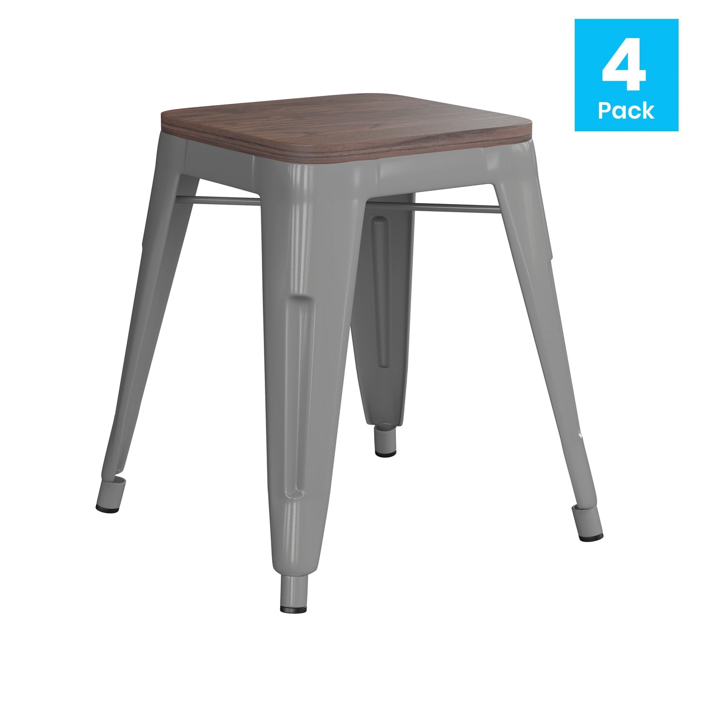 Kai 18" Backless Table Height Stool with Wooden Seat, Stackable Silver Metal Indoor Dining Stool, Commercial Grade - Set of 4 Silver ET-BT3503-18-SIL-WD-GG