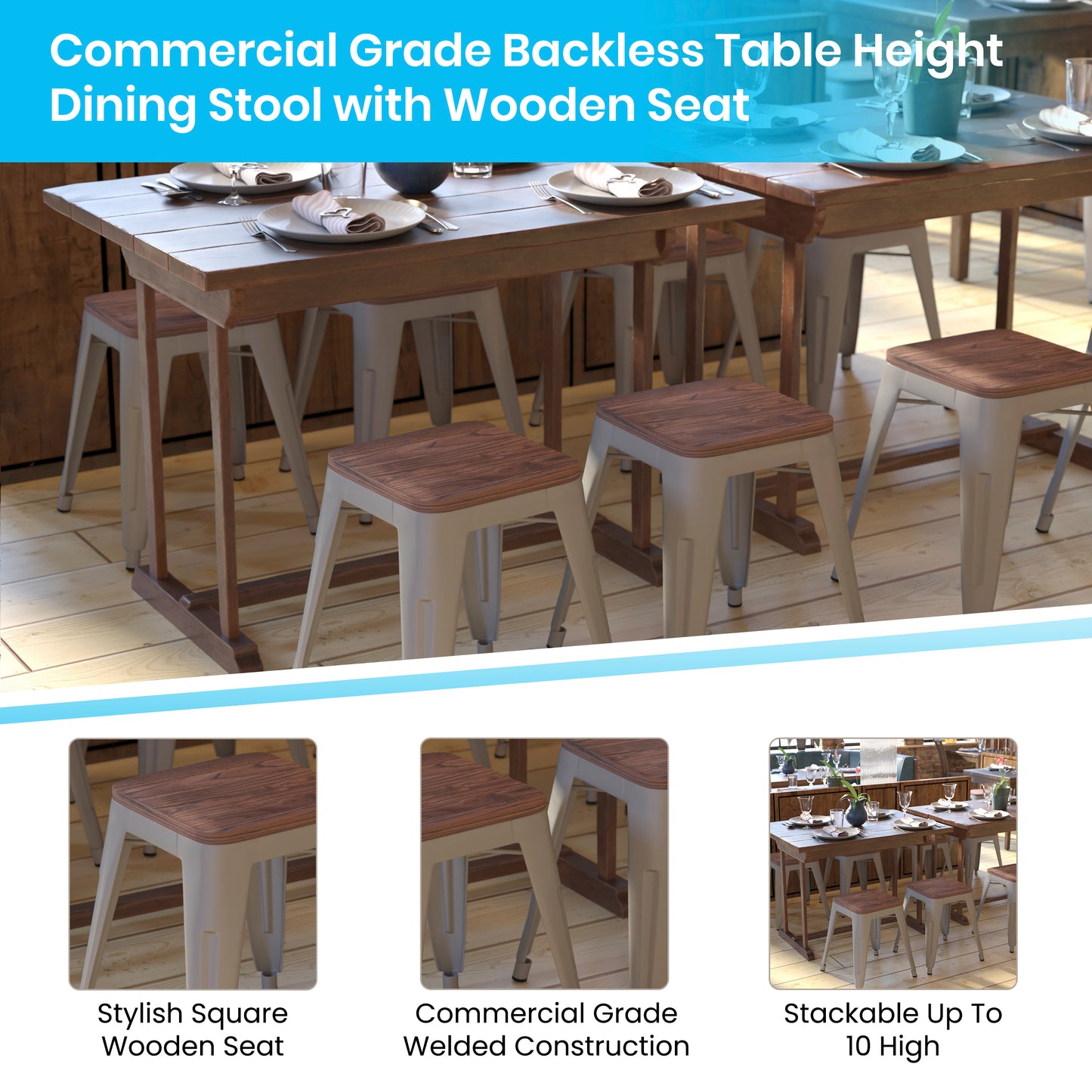 Kai 18" Backless Table Height Stool with Wooden Seat, Stackable Silver Metal Indoor Dining Stool, Commercial Grade - Set of 4 Silver ET-BT3503-18-SIL-WD-GG
