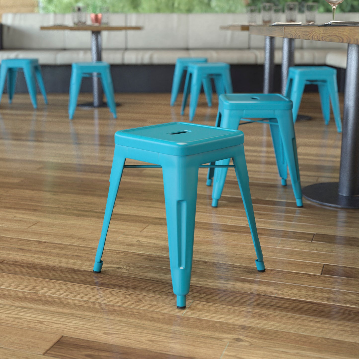 Kai 18" Table Height Stool, Stackable Backless Metal Indoor Dining Stool, Commercial Grade Restaurant Stool in Teal - Set of 4 Teal